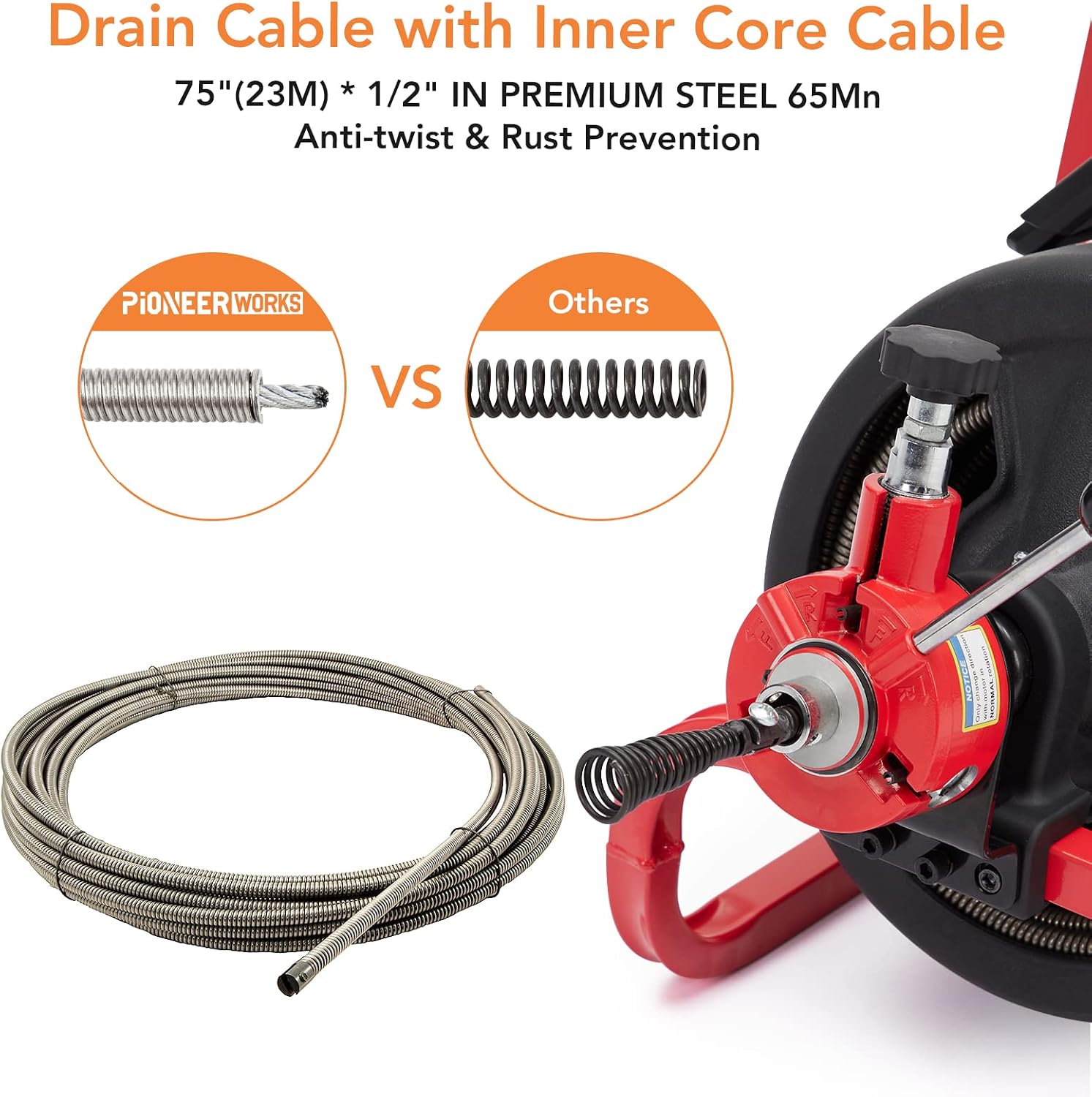 PioneerWorks Electric Drain Snake, 75Ft 1/2 Inch Auto-Feed Electric Drain Auger, Sewer Snake Machine with 6 Cutters & Glove for 2-4 Inch Pipes