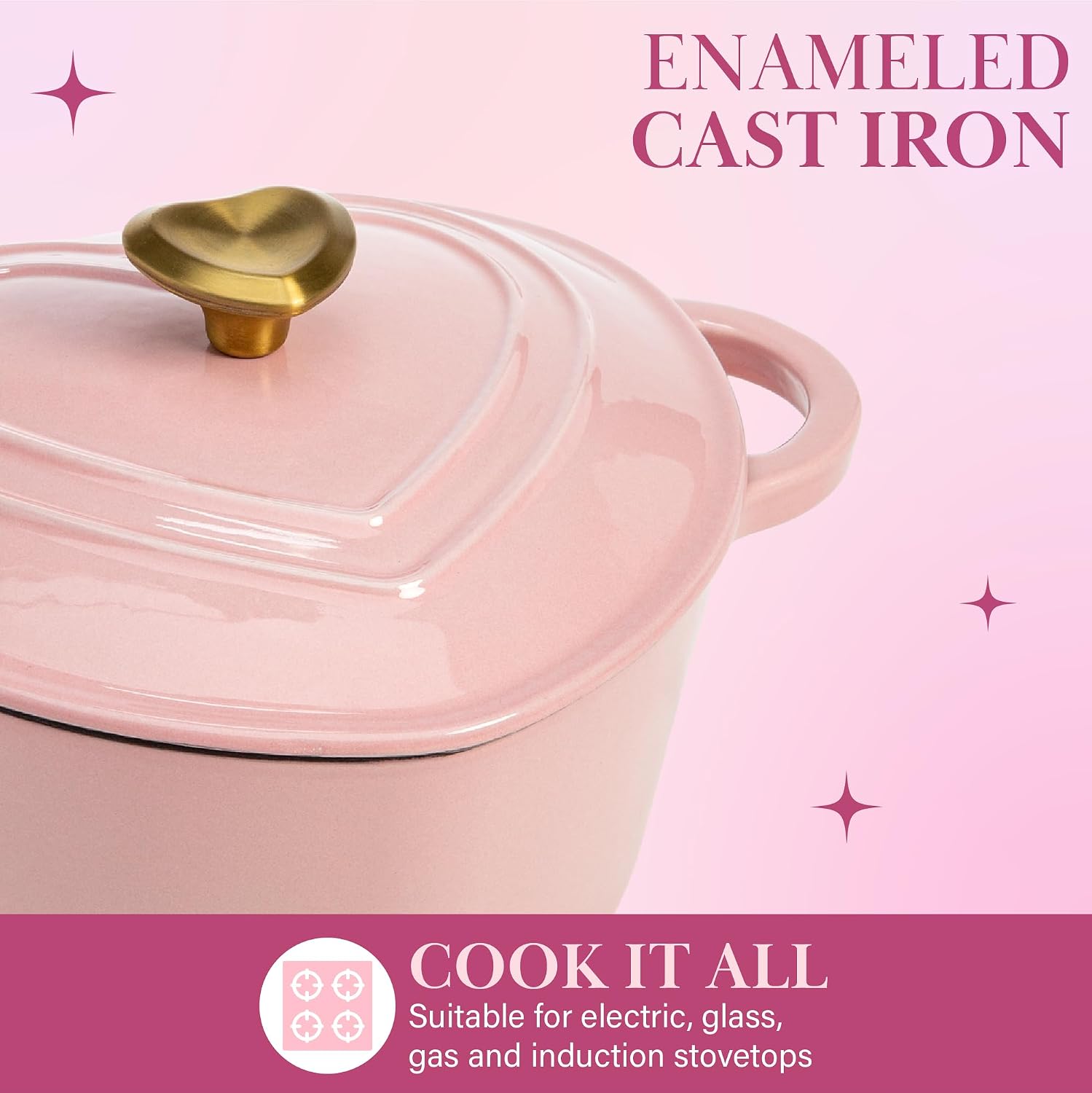 Paris Hilton Enameled Cast Iron Dutch Oven Pot with Lid, Heart-Shaped Dutch Oven, Durable Cast Iron Pot with Dual Handles, Oven Safe to 500°F, Works on All Stovetops, 2-Quart, Cream