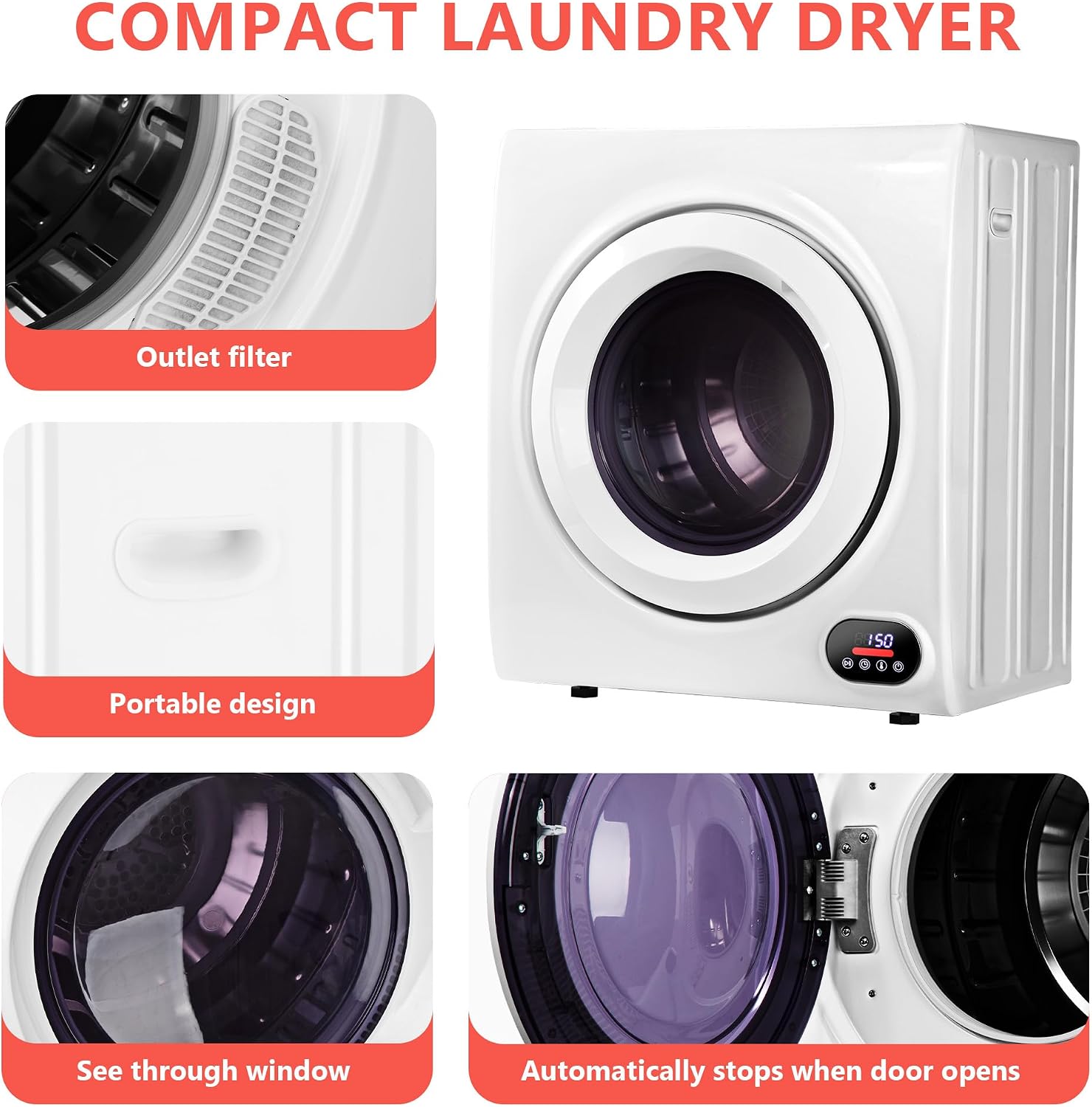 Euhomy Compact Laundry Dryer, 3.5 cu ft Front Load Stainless Steel Clothes Dryers With Exhaust Pipe, 1500W
