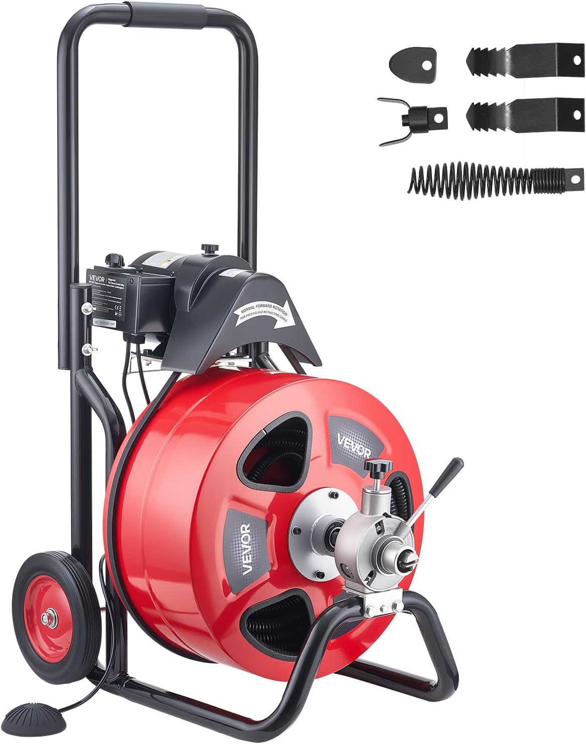 VEVOR Drain Cleaner Machine 75 FT x 3/8 Inch, Auto Feed Sewer Snake Auger on Wheels, Portable Drain Cleaning Machine with 4 Cutters & Air-activated Foot Switch for 2" to 4" Pipes
