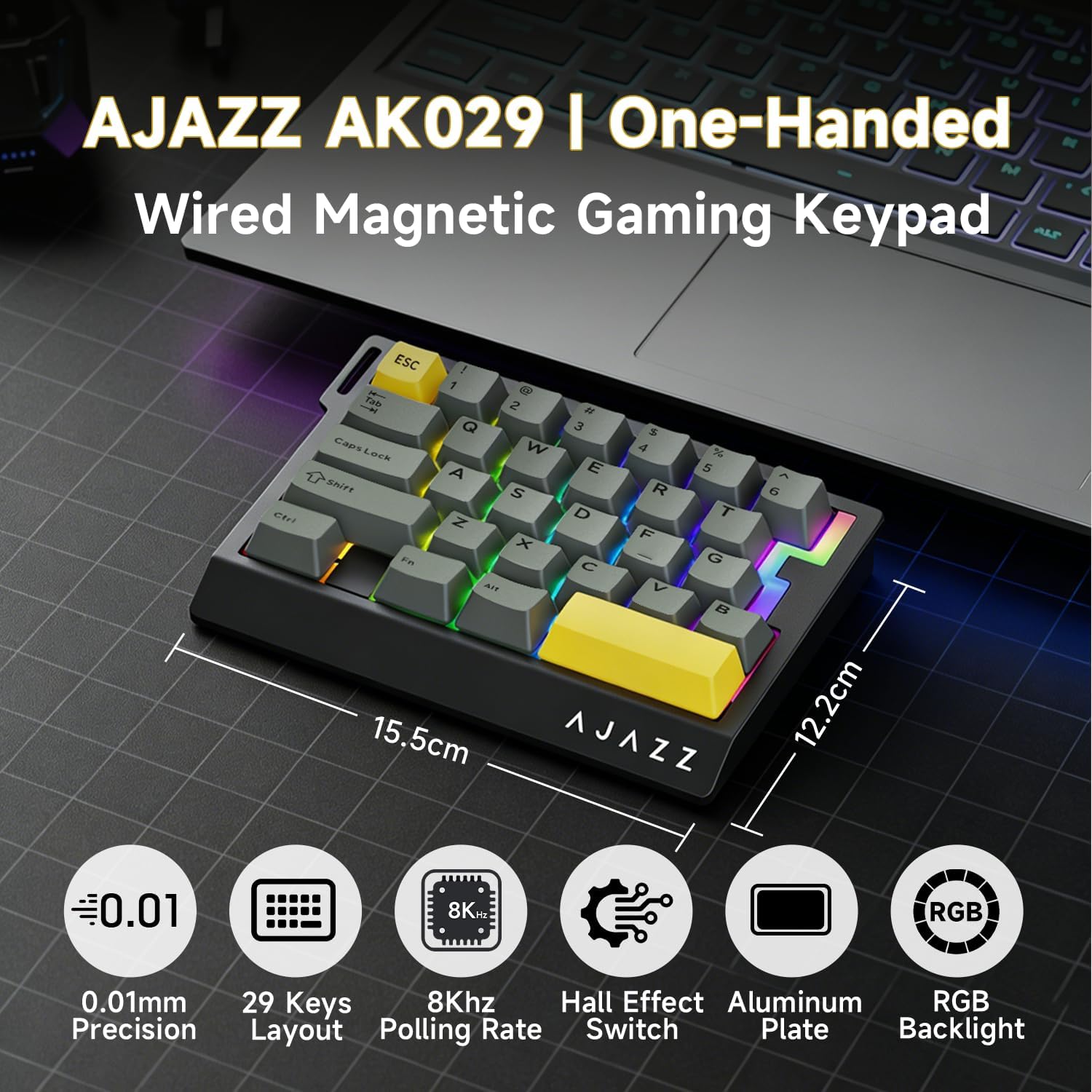 AJAZZ AK029 Wired One-Handed Hall Effect Mechanical Gaming Keypad, 29 Keys | Magnetic Switch, Rapid Trigger, 8KHz Polling, SOCD/DKS, RGB Backlit, Web Driver Customizable, Portable, Black Gray