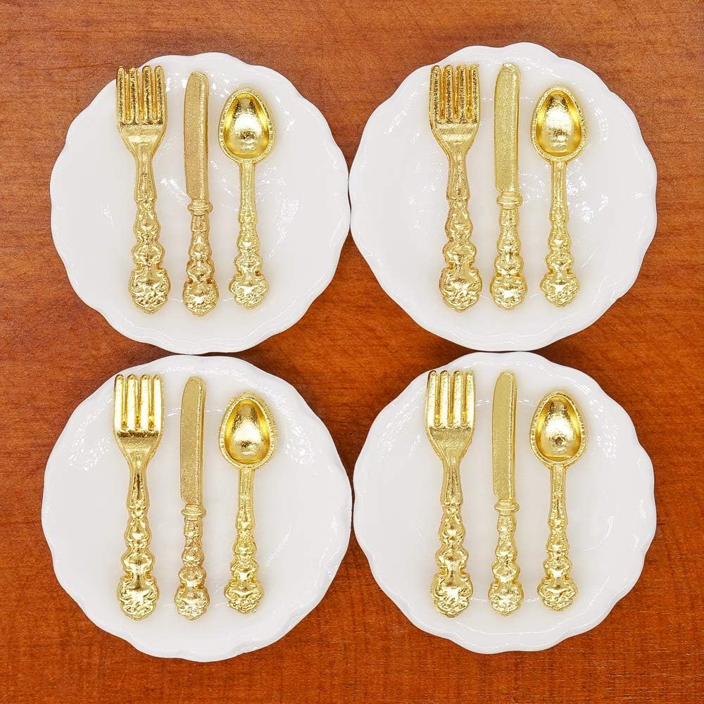 Odoria 1/12 Miniature Plates and Silverware Knife Fork Spoon Set Dollhouse Accessories, Silver