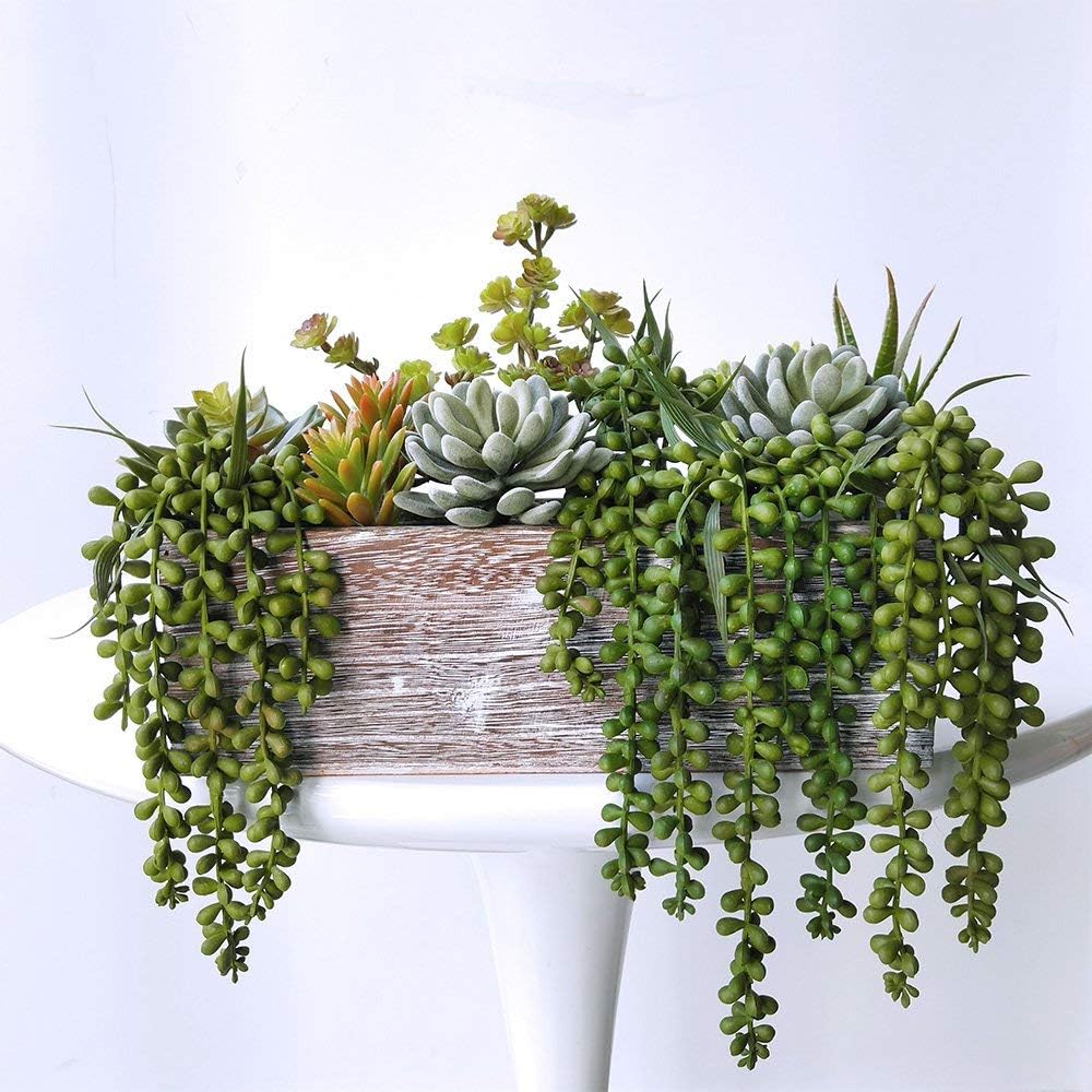 4 pcs Artificial Hanging Succulents Faux Burro's Tail Picks Trailing String of Pearls Succulent Fake Greenery Sprays 13.4" L for Basket Planter