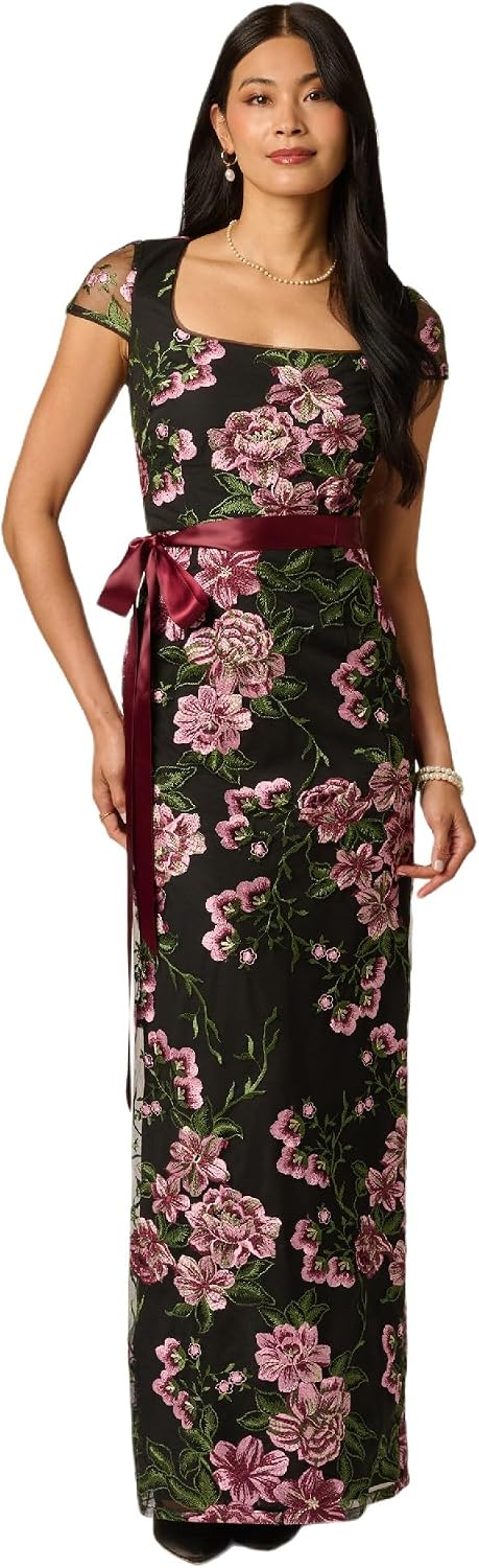 Adrianna Papell Cascading Floral Embroidered Long Column Gown