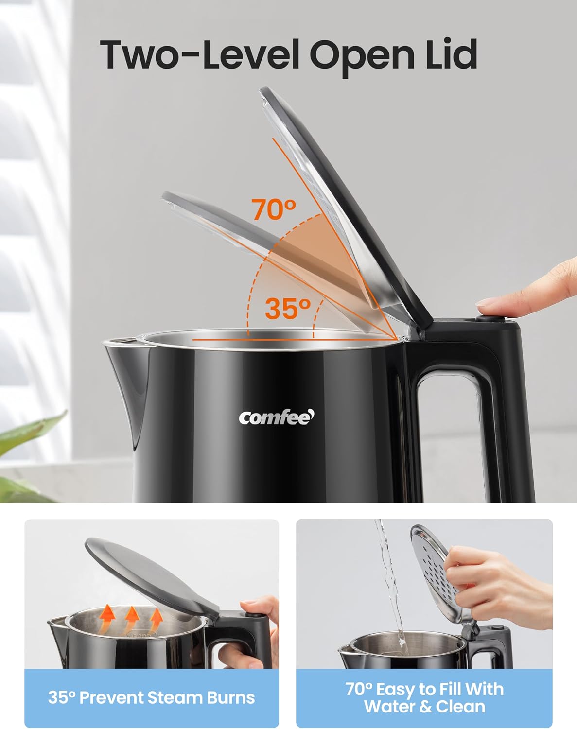 Comfee 1.7L Stainless Steel Electric Tea Kettle, BPA-Free Hot Water Boiler, Cordless with LED Light, Auto Shut-Off and Boil-Dry Protection
