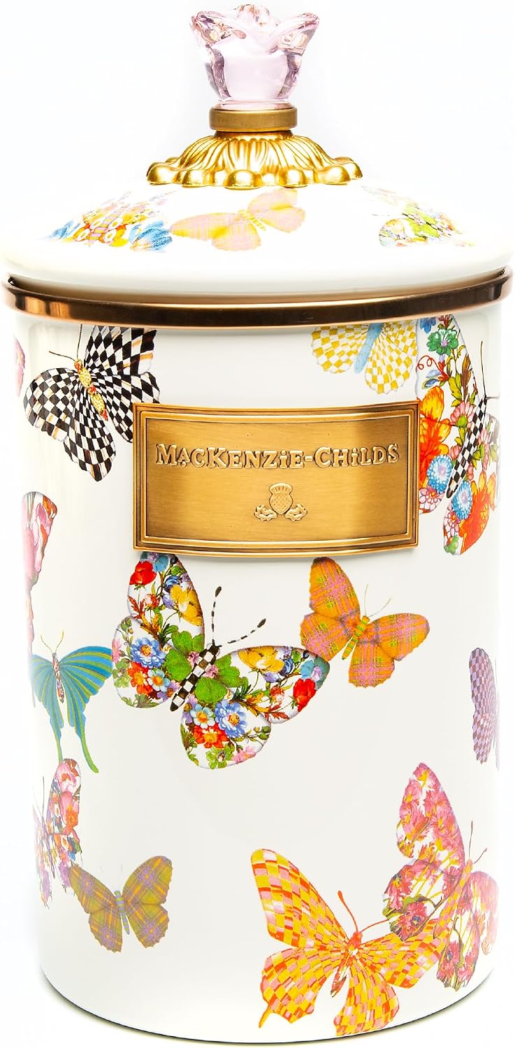 MACKENZIE-CHILDS Enamel Canister, Large, White Butterfly Garden | Hand-applied design, made from enameled steel, versatile kitchen storage container for flour and sugar, 64-ounce capacity