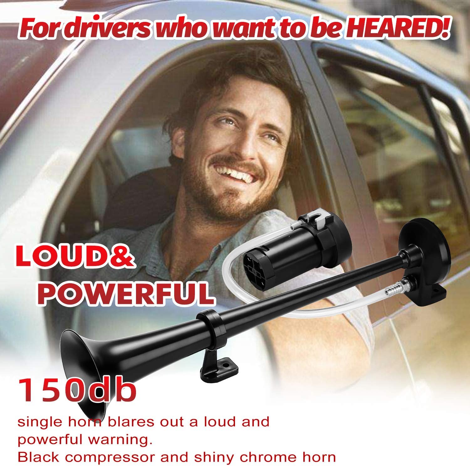 HK 12V 150db Air Train Horn Kit with Compressor Single Trumpet Air Horn Powerful Loud for Trucks Cars Boat SUV Train (Black)