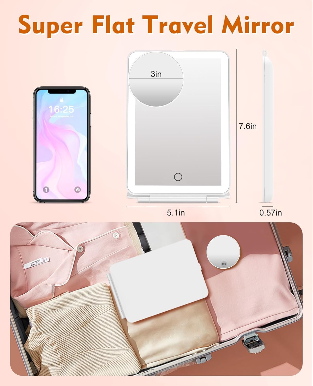 FUNTOUCH Rechargeable Travel Makeup Mirror with 72 Led Lights