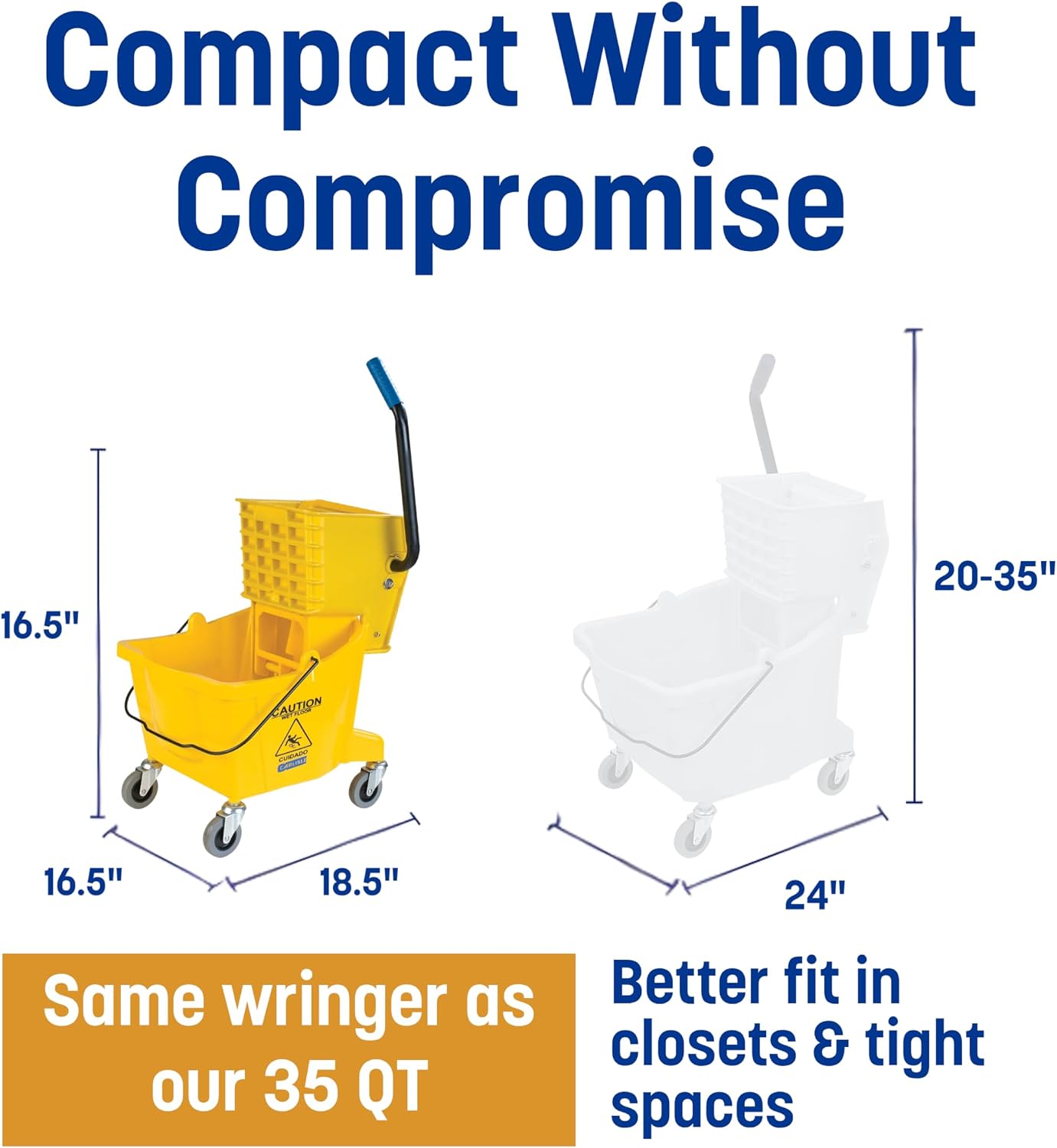 Carlisle FoodService Products 26 Qt Mop Bucket with Side Wringer, Yellow | 18.5 x 16.5 x 16.5 Inches, 34.25-Inch Handle Height, 50,000-Cycle Wringer, Non-Marking Casters, Assembly Required