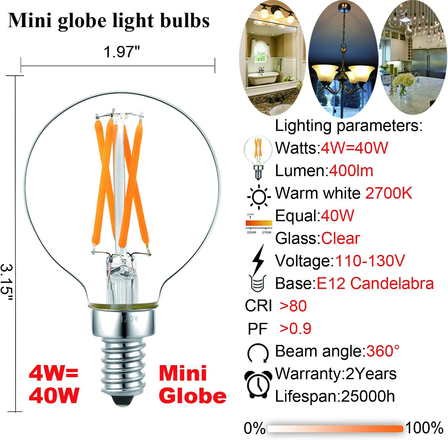 Litehistory e12 led bulb dimmable g16.5 Light Bulb 4W Equal 40 Watt 400lm AC120V e12 Candelabra Bulb 40 Watt for Chandeliers,Ceiling Fan,Vanity Warm White 2700K Globe candelabra Light Bulb 6Pack