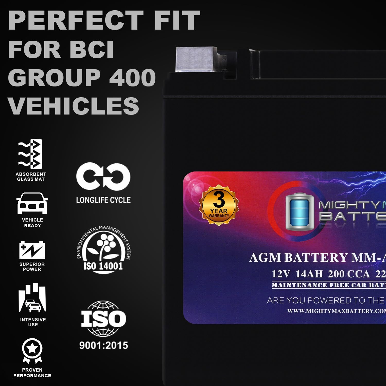 Mighty Max Battery MM-H8 Start and Stop Car BCI Group 49 12V 95Ah, 160RC, 900 CCA Rechargeable AGM Car Battery