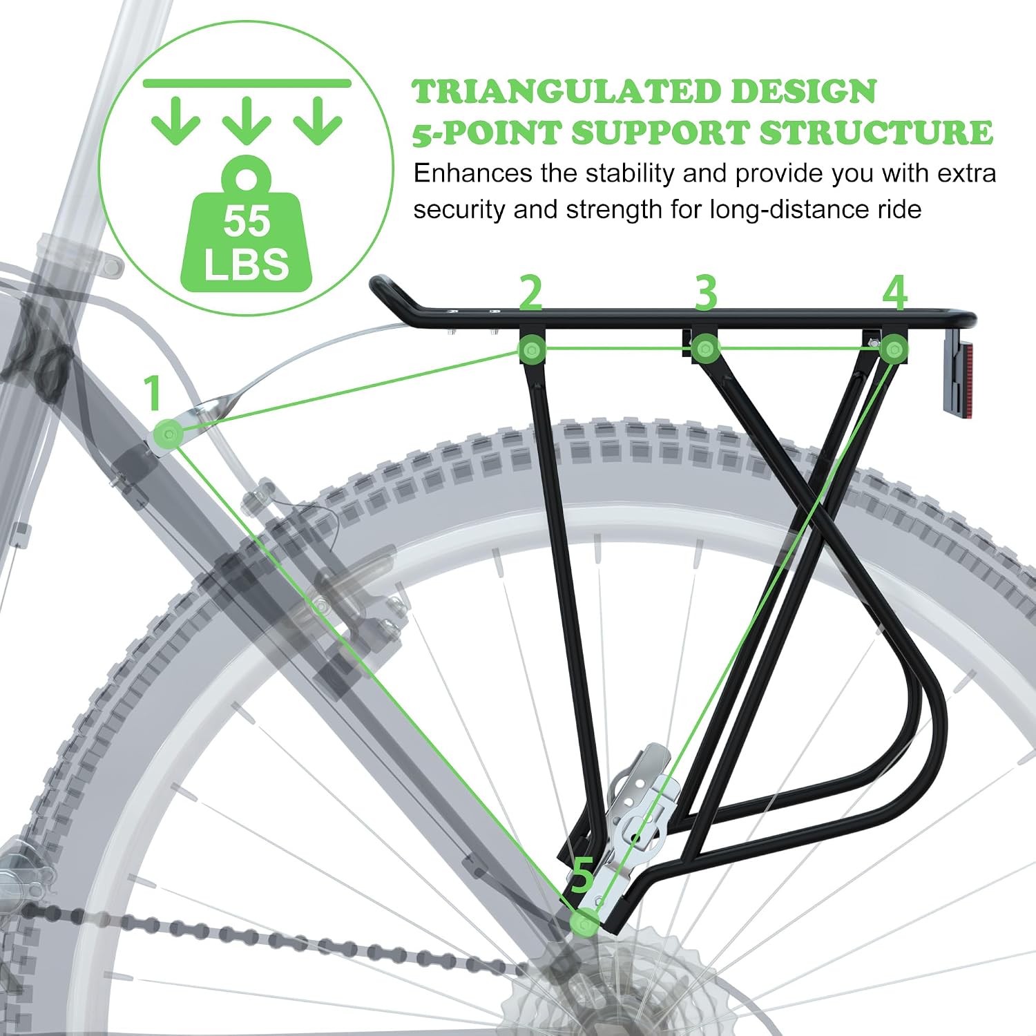 Bike Cargo Rack w/Bungee Cargo Net & Reflective Logo Universal Adjustable Bicycle Rear Luggage Touring Carrier Racks 55lbs Capacity Quick Release