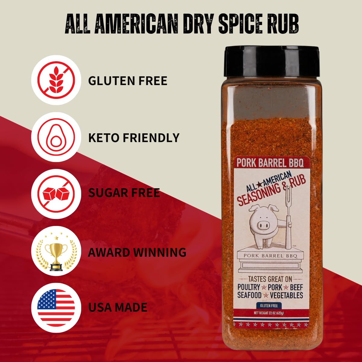 Pork Barrel BBQ All-Purpose BBQ Seasoning & Rub | Sugar-Free, Gluten-Free, MSG-Free | All American BBQ Seasoning for Chicken, Beef & Pork – 22oz Jar