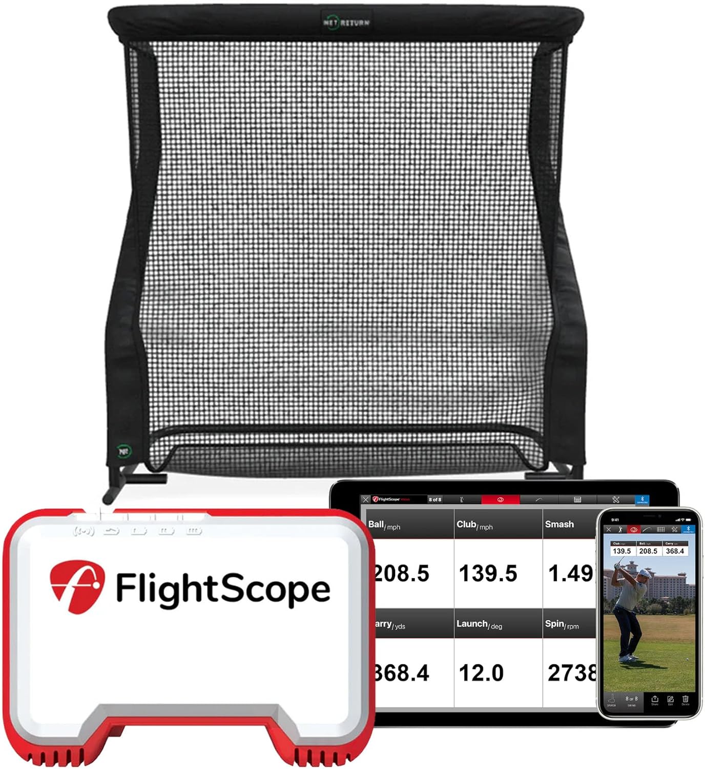 FlightScope Mevo Launch Monitor with The Net Return Home Series V2 Golf Net | 8 Swing Data Parameters, Skills Games, Video Capture, Swing Training | Indoor and Outdoor