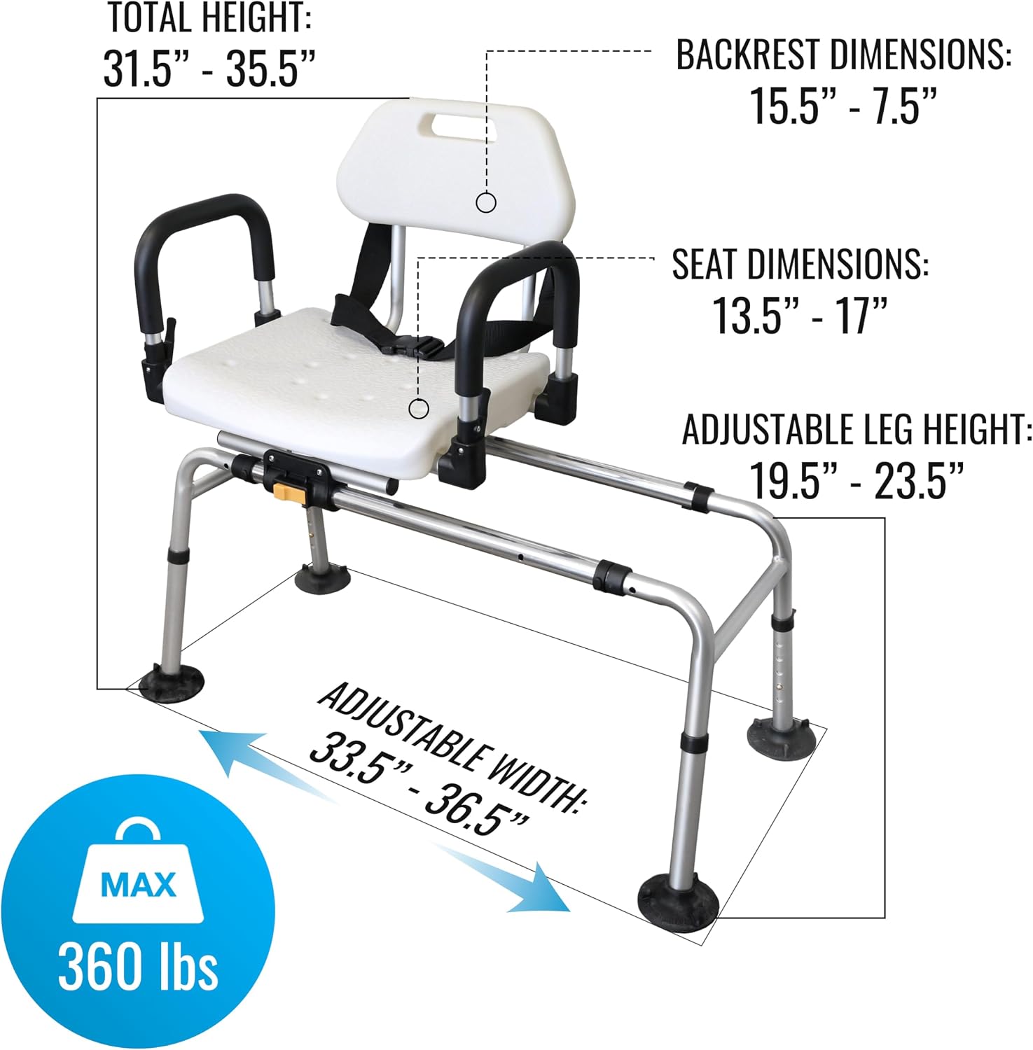 DMI Tub Transfer Bench and Shower Chair with Non Slip Aluminum Body, FSA Eligible, Adjustable Seat Height and Cut Out Access, Holds Weight up to 400 Lbs, Bath and Shower Safety, Transfer Bench