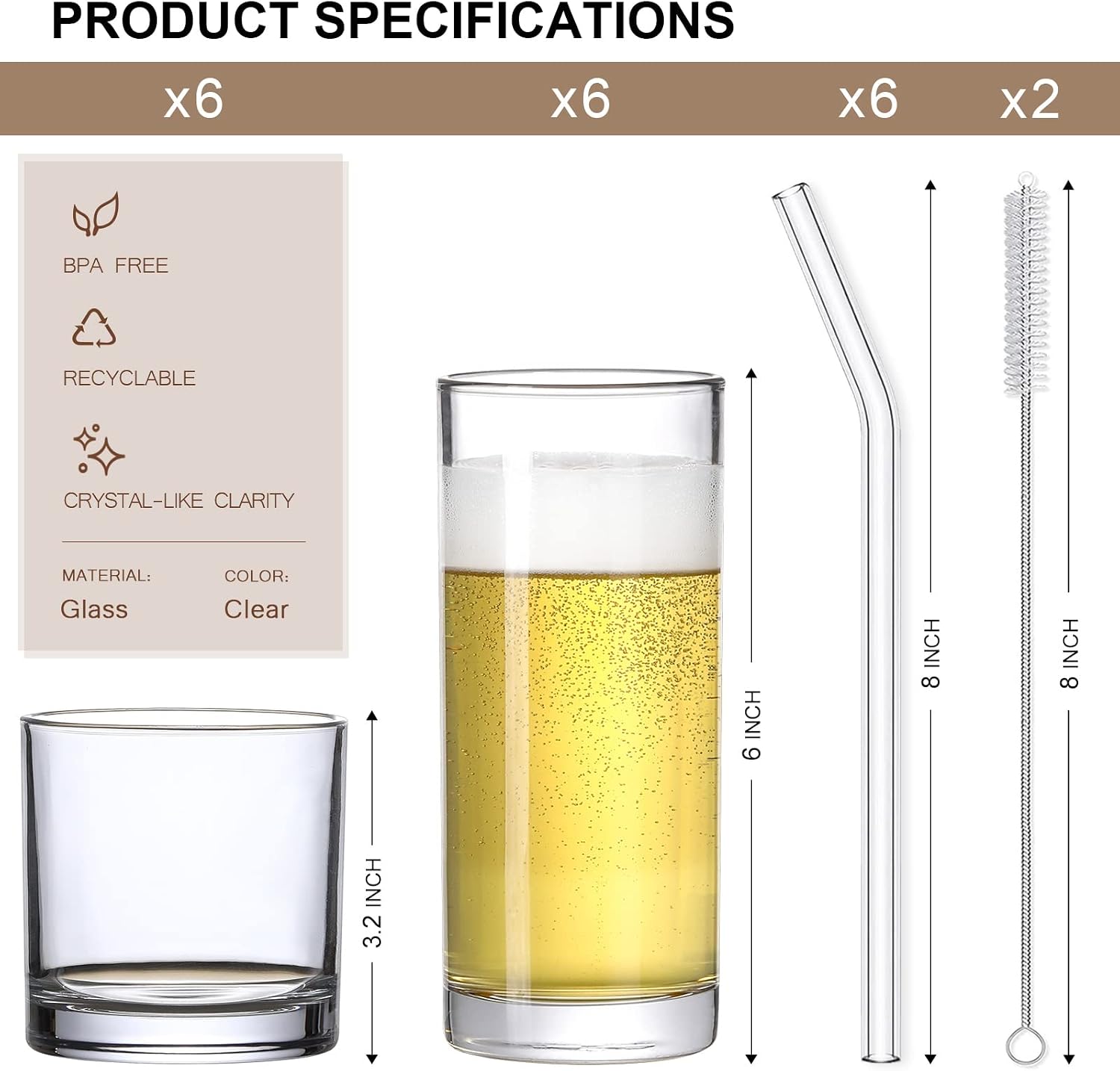 [ 12 Pack ] Glass Cups with Glass Straws, 12oz Highball & Rock Drinking Glasses, Everyday Drinkware Glasses Set, Cute Tumbler Cup