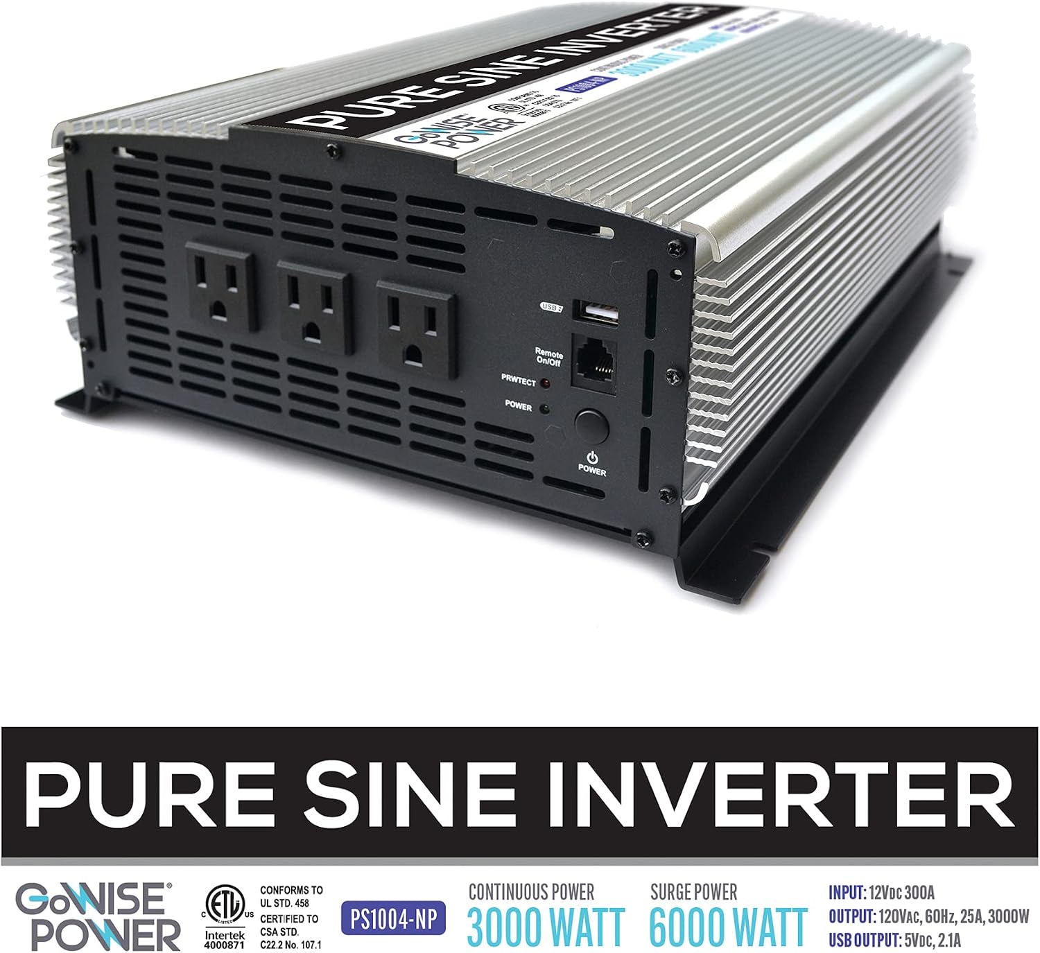 PS1004 3000W Continuous 6000W Surge Peak Power Pure Sine Wave Inverter with Starter Cables and 4 Output Sockets, Updated Model, Grey, Standard