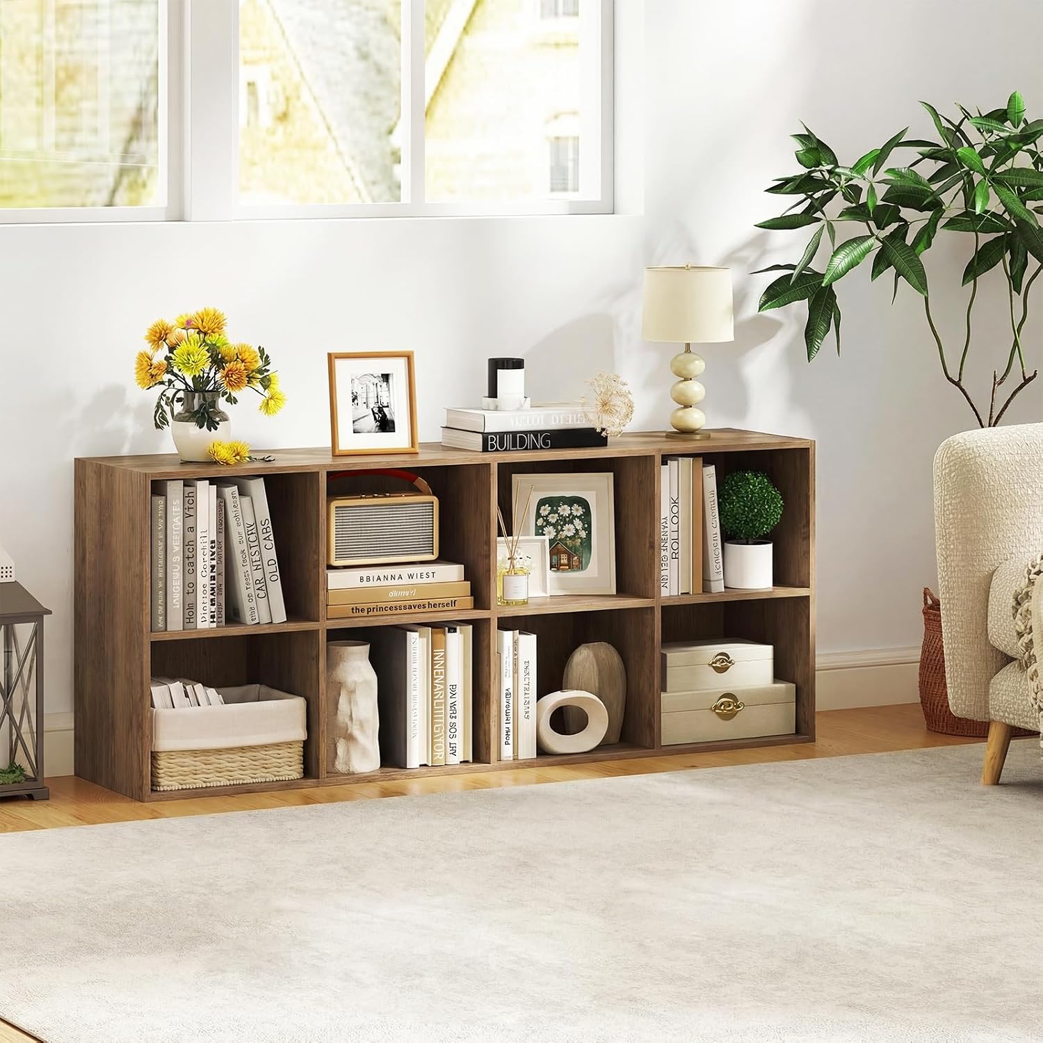 Giantex 8-Cube Bookcase, 3-Tier Cubby Bookshelf, Horizontal Vertical Display Rack with Anti-Tipping Kits, Modern Storage Organizer Shelf Unit for Bedroom, Living Room, Study (Natural, 8-Cube)