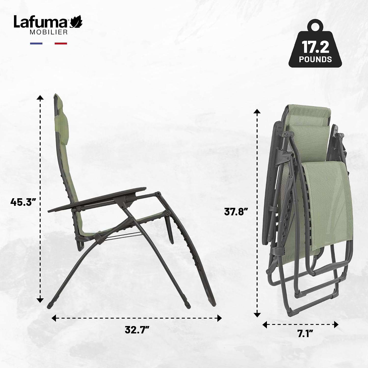 Lafuma Futura Series Patio and Poolside Zero Gravity Outdoor Lounge Recliner Chair with Adjustable and Removable Headrest, Moss Green