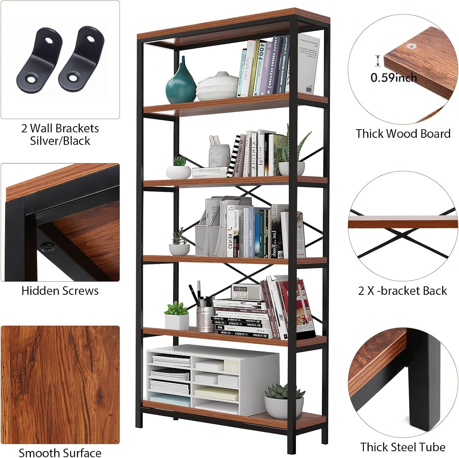 BATHWA Wood and Metal Minimalist 5 Tier Bookshelf, 6 feet Tall Open Rustic Wide Bookcase Industrial Style