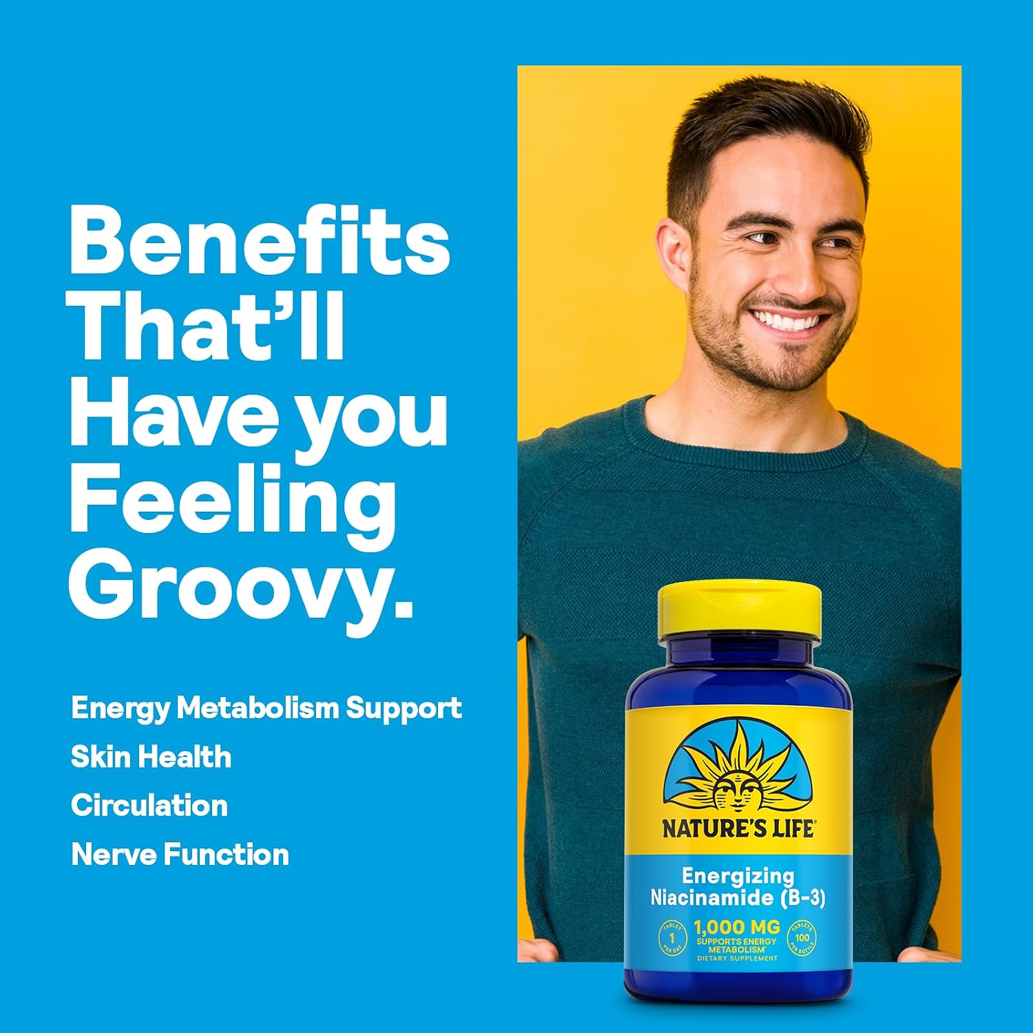 Nature's Life Energizing Niacinamide, Vitamin B3 1000mg - High Potency, No Flush Niacin Supplement - Nerve Function