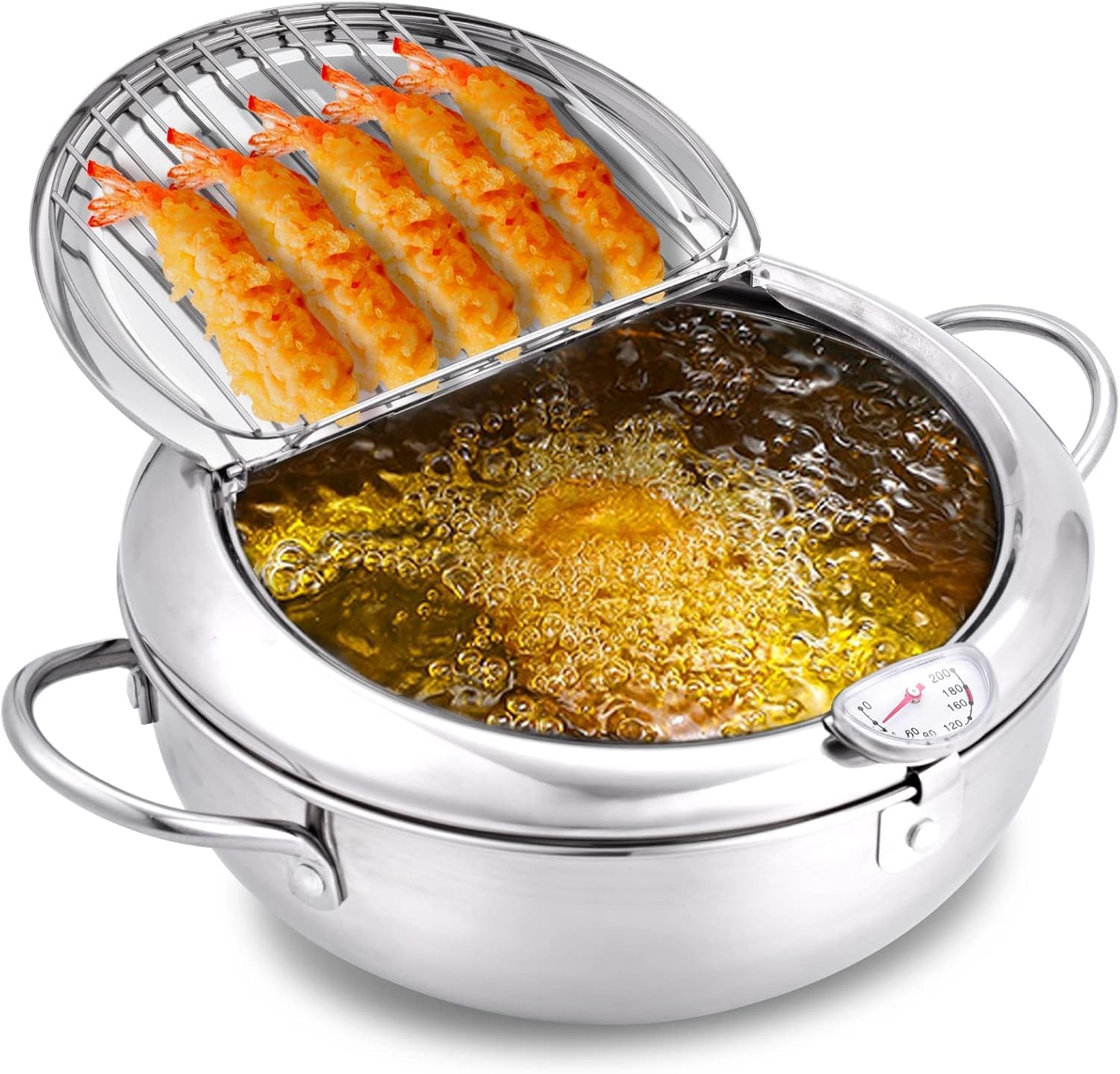 cuomaop Deep Fryer Pot, 304 Stainless Steel Japanese Frying Pot with Oil Drain, Temperature Control and Lid