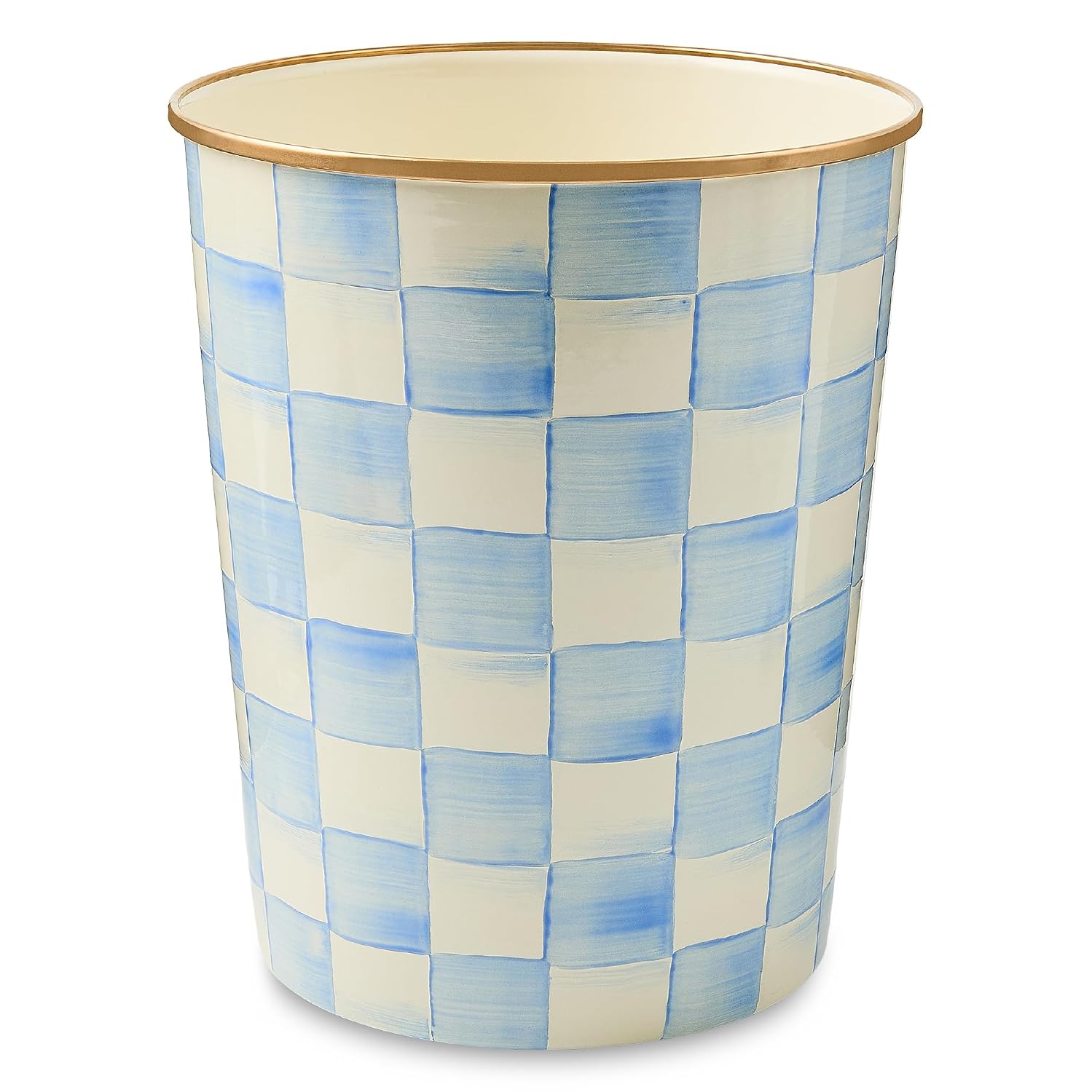 MACKENZIE-CHILDS Waste Bin, Black-and-White Courtly Check | Hand-painted design, made from enameled steel, decorative bedroom or bathroom trash can, 8" dia. x 9.5" H