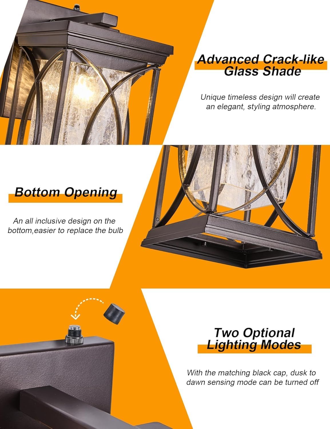 Dusk to Dawn Modern Outdoor Coach Lantern Exterior Light Fixtures Black Aluminum with Crack-Like Glass Waterproof Wall Sconce Mission Outside Light