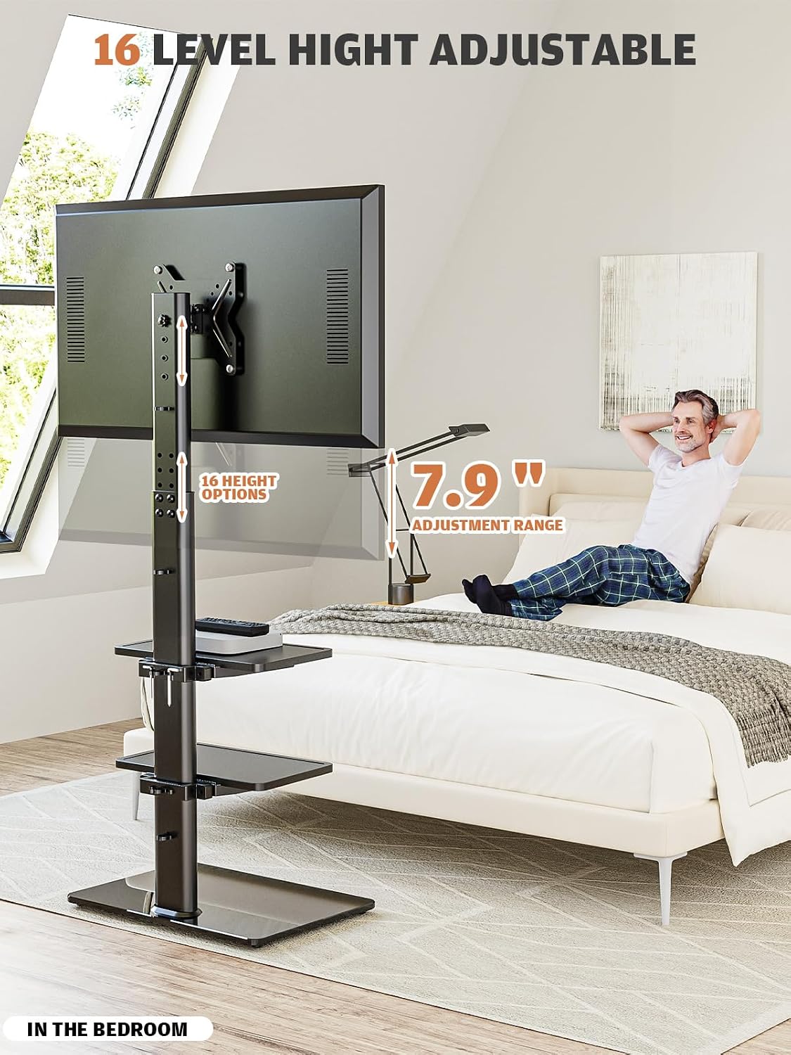 Universal TV Stand Monitor with Mount 100 Degree Swivel Height Adjustable and Tilt Function for 19 to 43 inch LCD, LED OLED TVs,Space Saving Standing Bedroom Living Room Corner,Black