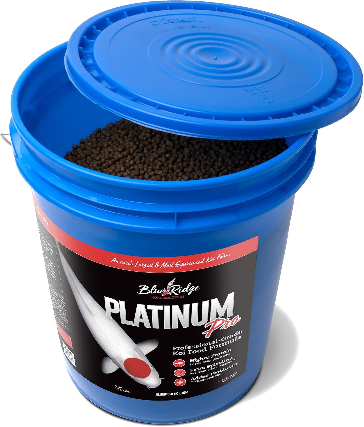Blue Ridge Koi Platinum Pro 41% Protein Fish Food, 3/16" Pellets, 4.5 lb | Floats, softens fast; Spirulina & Canthaxanthin color support; probiotic-enriched; warm-season formula