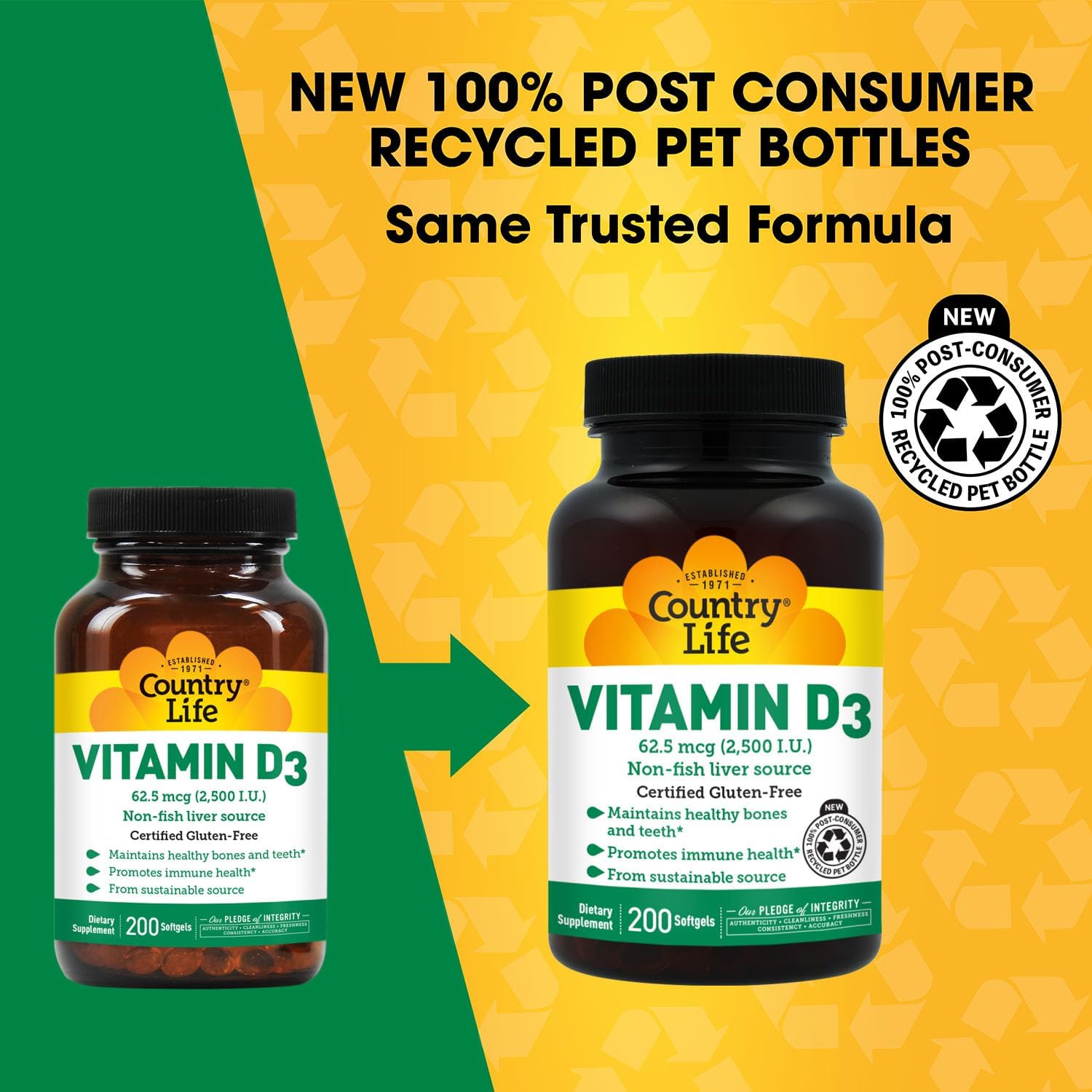 Country Life Vitamin D3 2500 IU, Non-Fish Source, 200 Softgels | Supports calcium absorption and helps maintain healthy bones