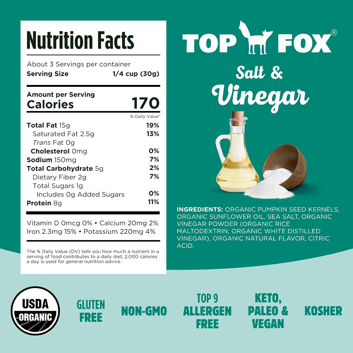 Top Fox Snacks - Organic Pop-Roasted Pumpkin Seeds | Healthy Protein Snacks - Gluten Free - Keto and Vegan Friendly (Himalayan Salt, 3.5 oz - 2 Pack)