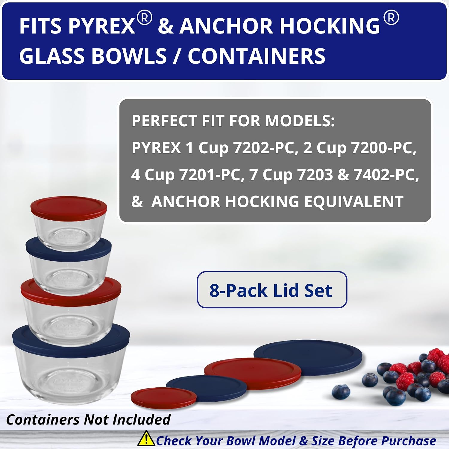 1, 2, 4 & 7 Cup Green, Orange, Blue, Red Replacement Lids/Covers for Pyrex