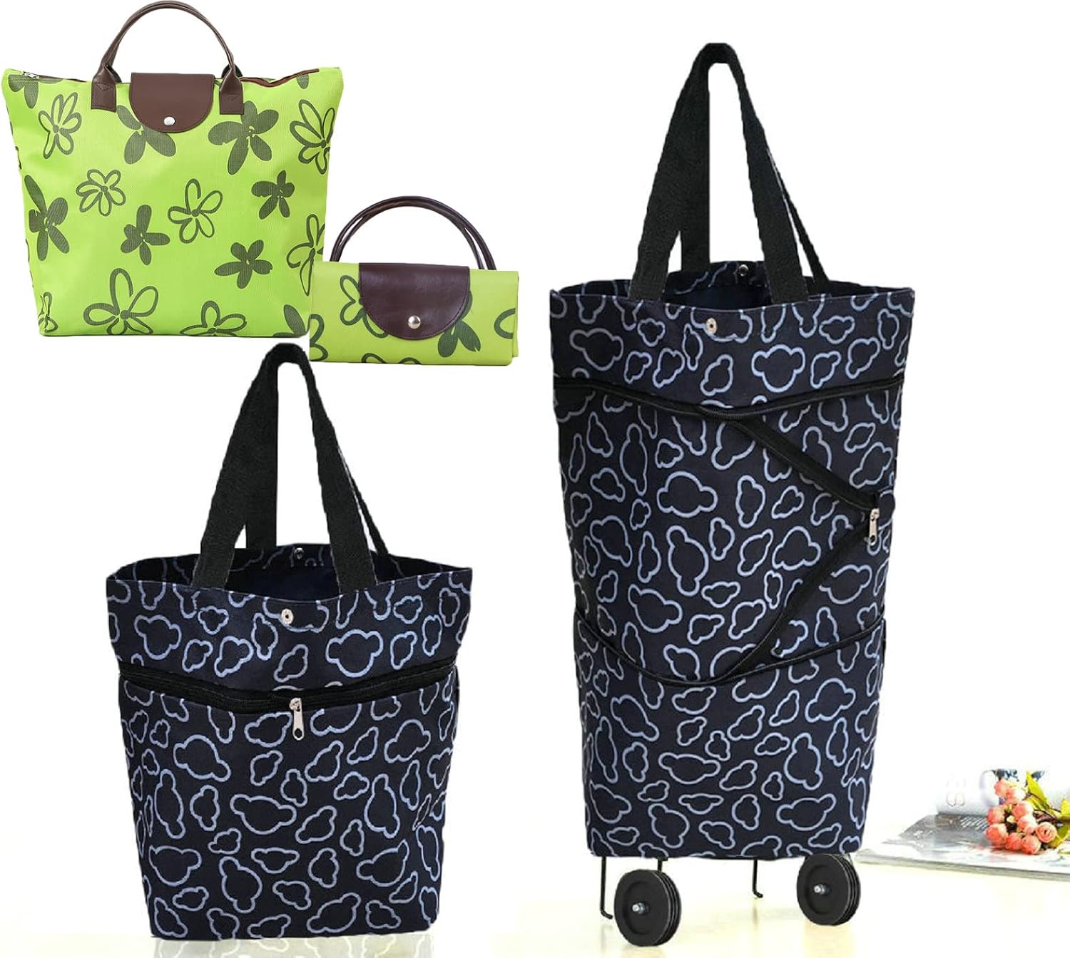 Collapsible Shopping Bag with Wheels Portable Shopping Cart with 360° Swivel Wheels Rolling Tote Bag Reusable Grocery Bag Trolley Bag on Wheels for Travel Shopping and Daily Use(Blue)