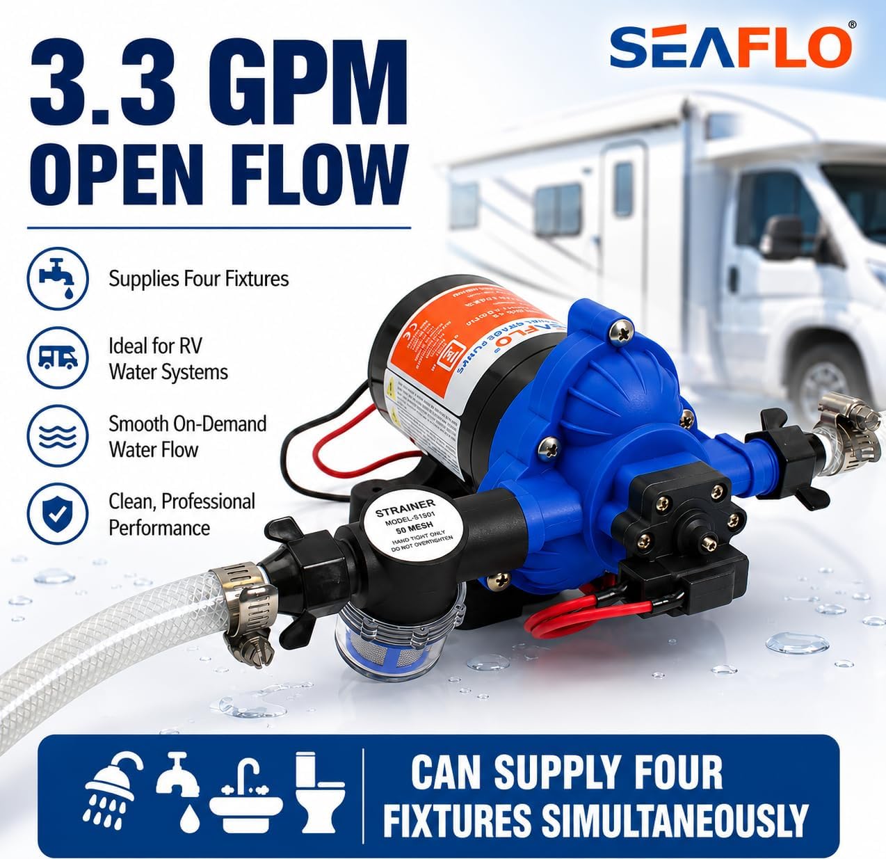 SEAFLO 55 Series 12V RV Water Pump 5.5 GPM 60 PSI Diaphragm Pump Heavy Duty Pressure Switch Built In Bypass Self Priming Quiet High Flow RV Marine Off Grid Freshwater System 4-Year Warranty