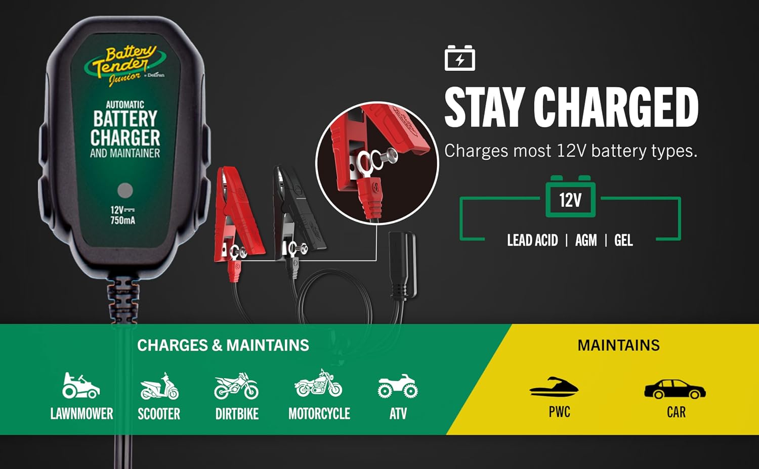 Battery Tender Junior 12V, 750mA Charger and Maintainer: Automatic 12V Powersports for Motorcycle, ATVs
