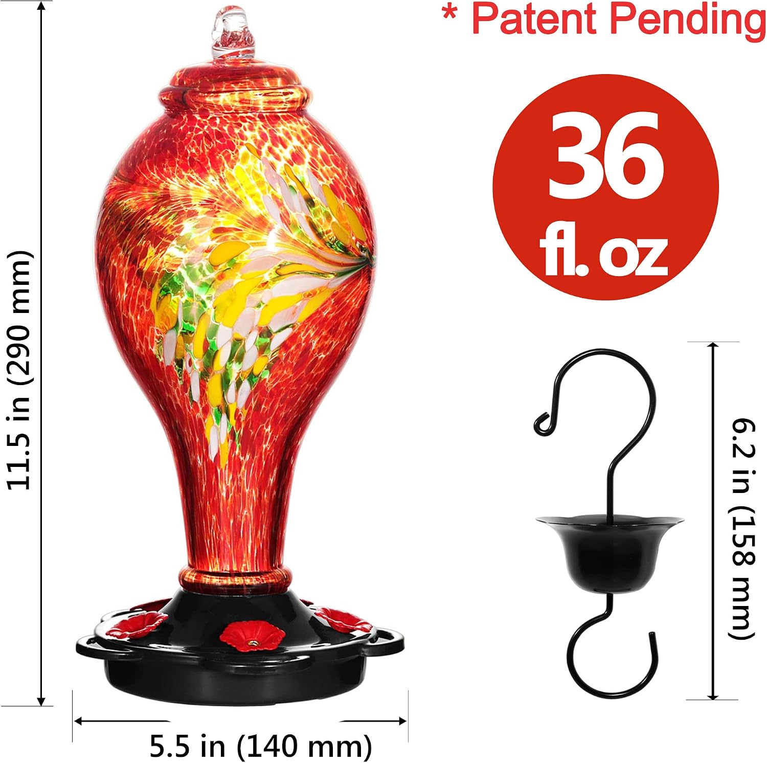 LUJII Hummingbird Feeder, Hand Blown Glass Hummingbird Feeder, Never Fade, 36 Fluid Ounces, 5 Feeding Metal Stations, Much Bigger, Garden Backyard Decorative, Containing Ant Moat (Blue)