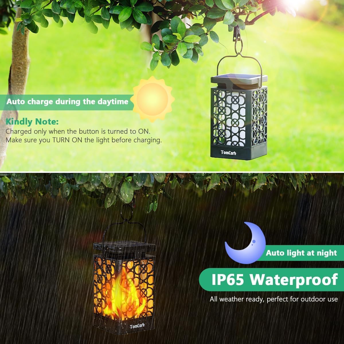 TomCare Solar Lanterns Outdoor, Flickering Flame Hanging Lights, 2 Pack