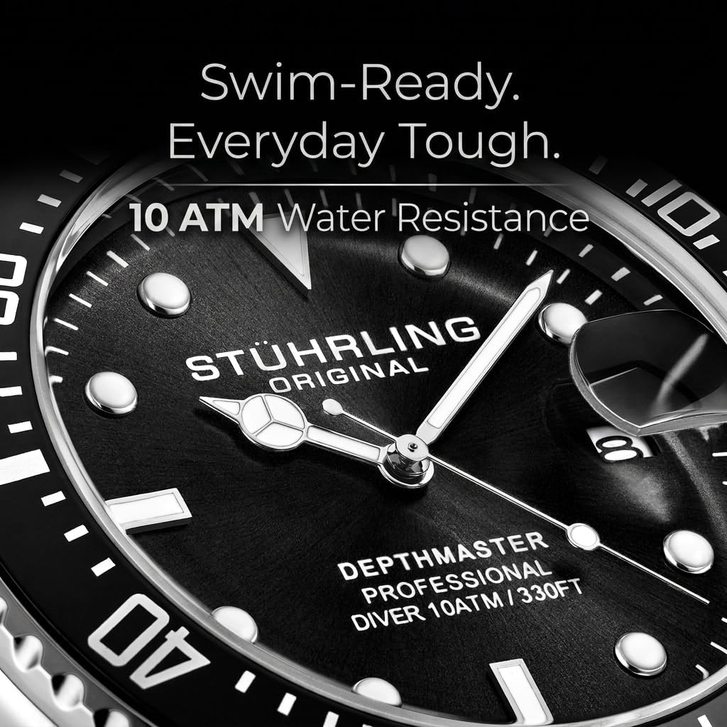 Stuhrling Original Men’s Dive Watch 42mm Stainless Steel, Japanese Quartz Mens Sport Watch, Rubber Strap, Water Resistant to 330 FT, Versatile and Comfort Fit