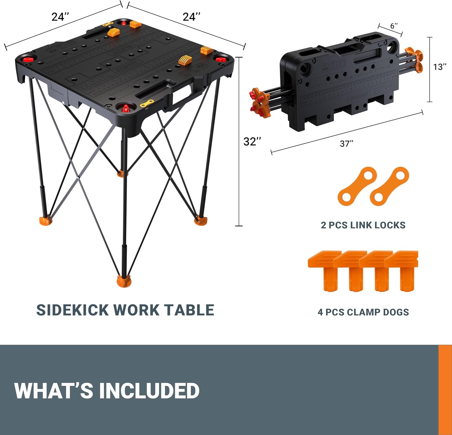 WORX Portable Folding Workbench, 2-in-1 Pegasus Table & Sawhorse, WX051 | 31"×25"×32" dimension, heavy load capacity, fast setup, includes 2 clamps & 4 clamp dogs, lightweight portable design