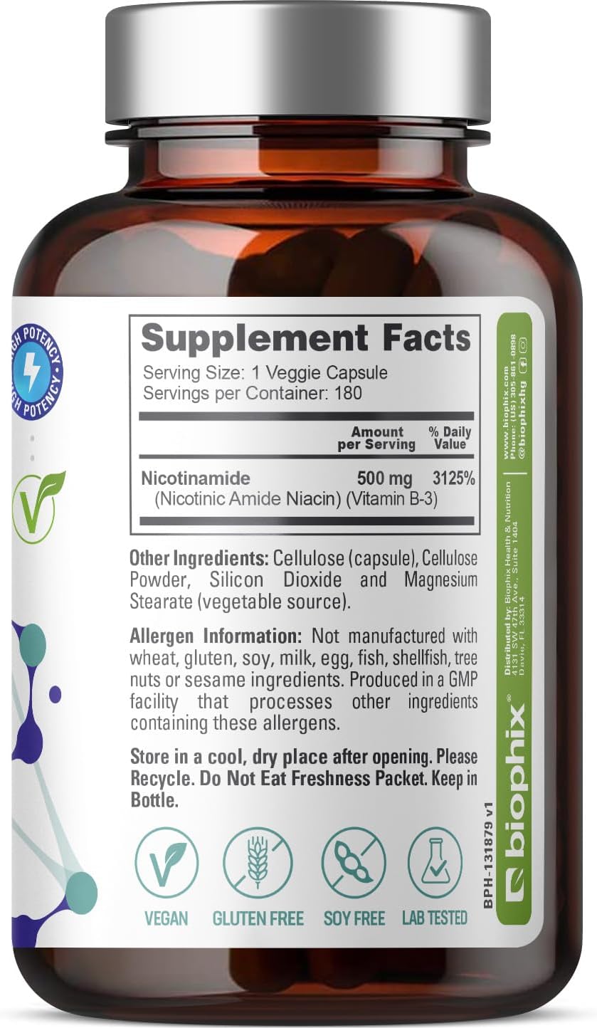biophix B-3 Nicotinamide 500 mg 180 Vcaps - Nicotinic Amide Niacin Natural Flush-Free Vitamin Formula - Supports Skin Cell Health