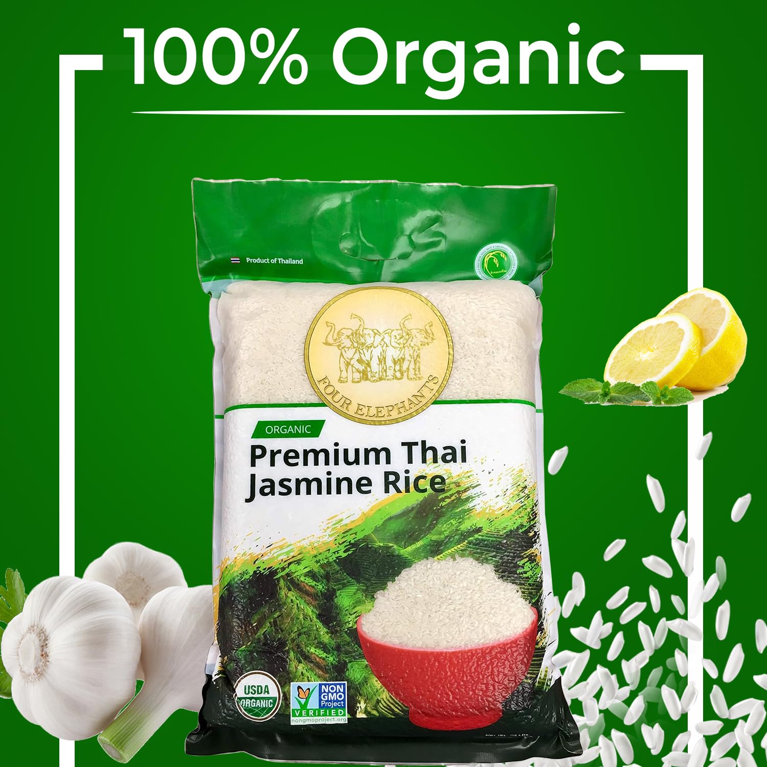 20 Pounds (LBS) Organic Premium Thai Hom Mali Jasmine Rice | Endorsed By Pro Chefs | Four Elephants Brand | Cooking Instructions Packaging