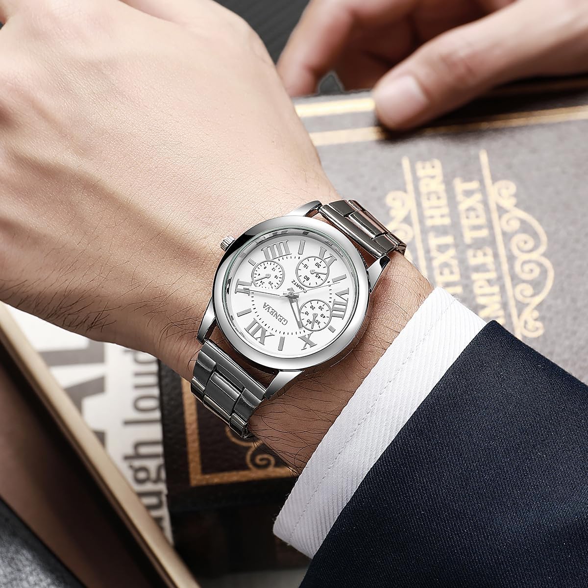 Women Girls Wholesale 2 Pack Watch Set Roman Numerals Dial with 3 Decorated Small Sub-dials Men Business Stainless Steel Quartz Analog Wrist Watches