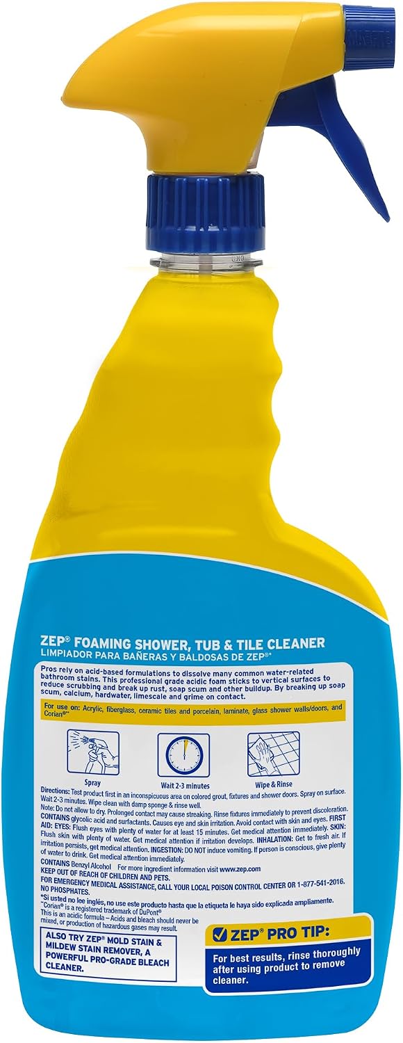 Zep Foaming Shower Tub and Tile Cleaner, 32 Ounce, Case of 4 | No Scrub Formula, Breaks up Tough Buildup on Contact