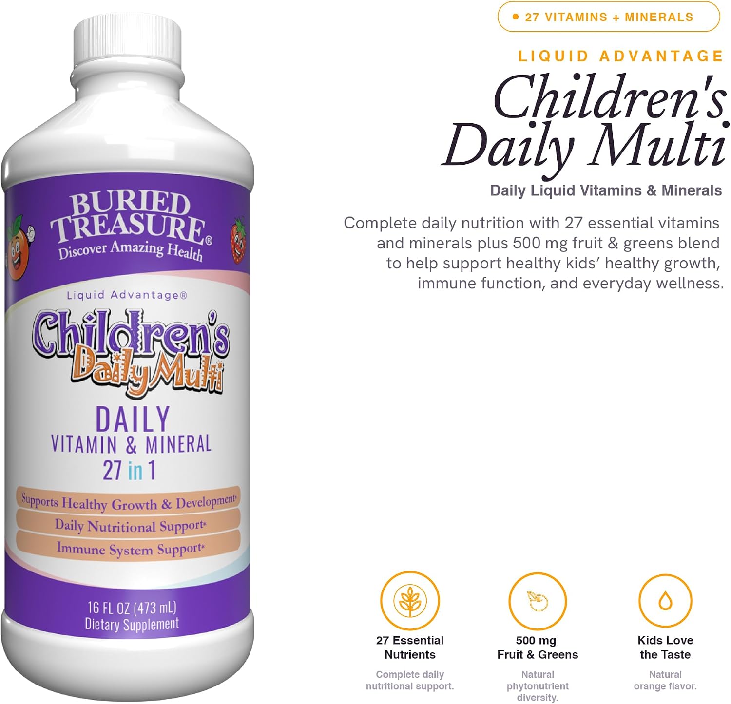 Buried Treasure Children’s Daily Liquid Multivitamin – 27 Vitamins & Minerals with SuperFood Blend – Sugar Free, Vegan, Orange Mango Flavor