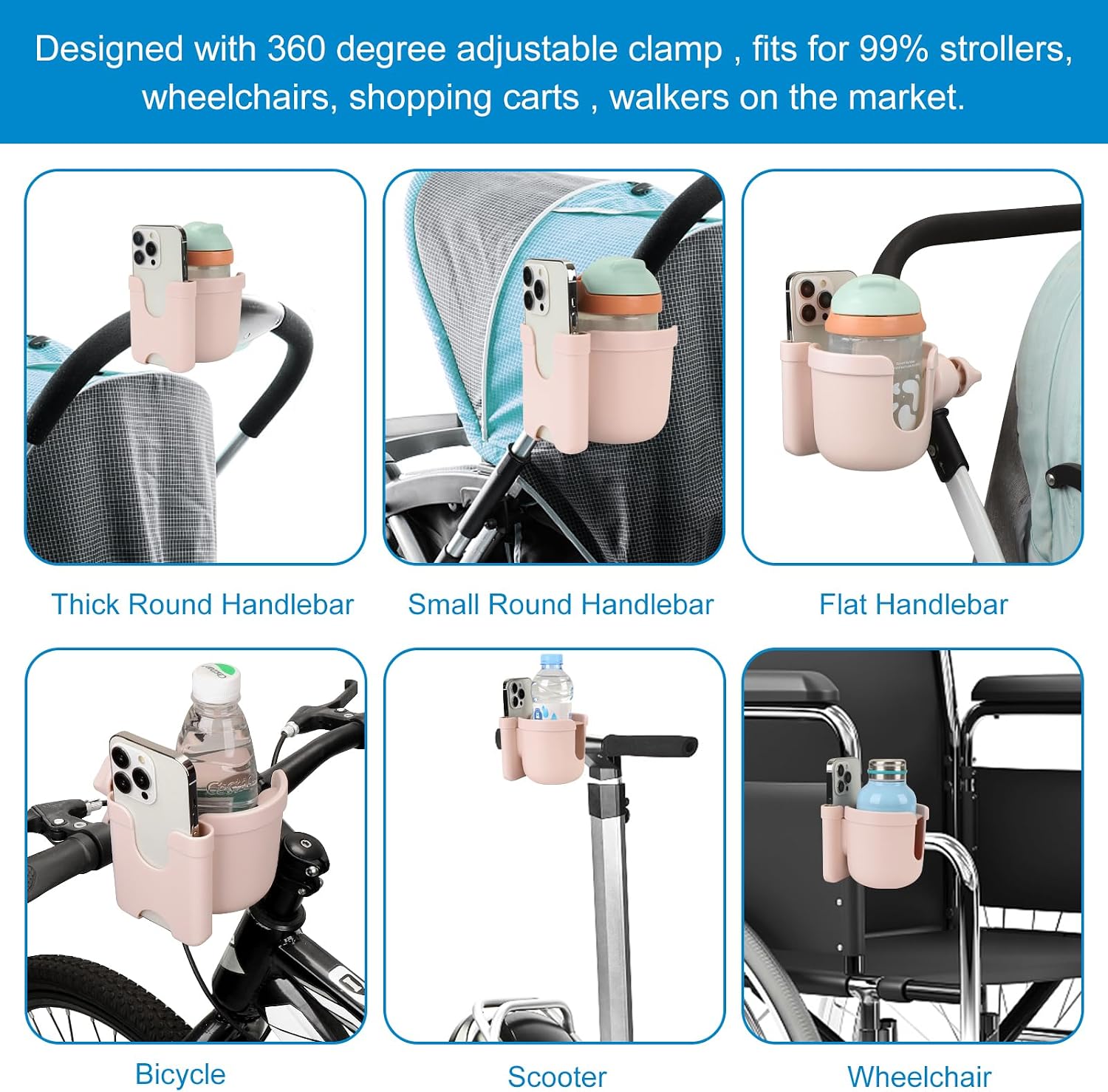 Accmor Stroller Cup Holder with Phone Holder, Bike Cup Holder, Universal Cup Holder for Uppababy Nuna Strollers, 2-in-1 Drinks Holder for Walker