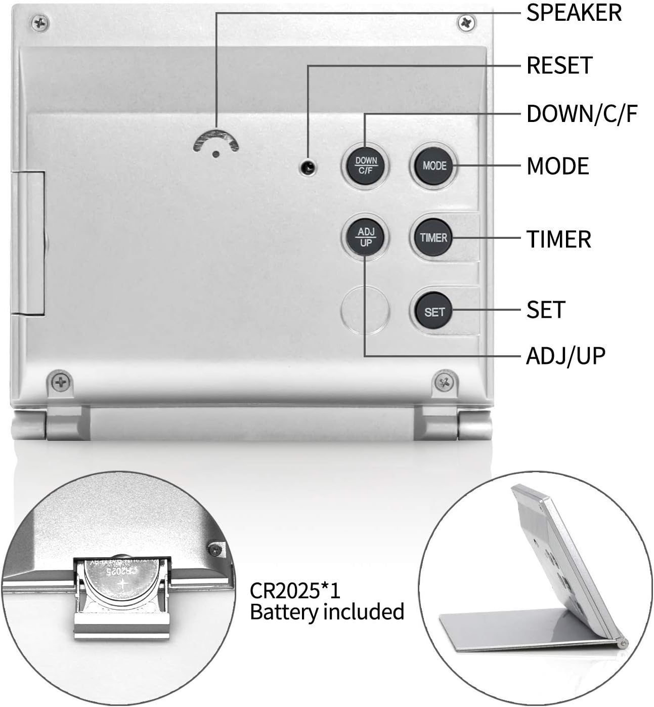 Betus Digital Travel Alarm Clock - Foldable Calendar Temperature Timer LCD Clock with Snooze Mode - Large Number Display, Battery Operated - Compact Desk Clock(Silver, No Backlight)