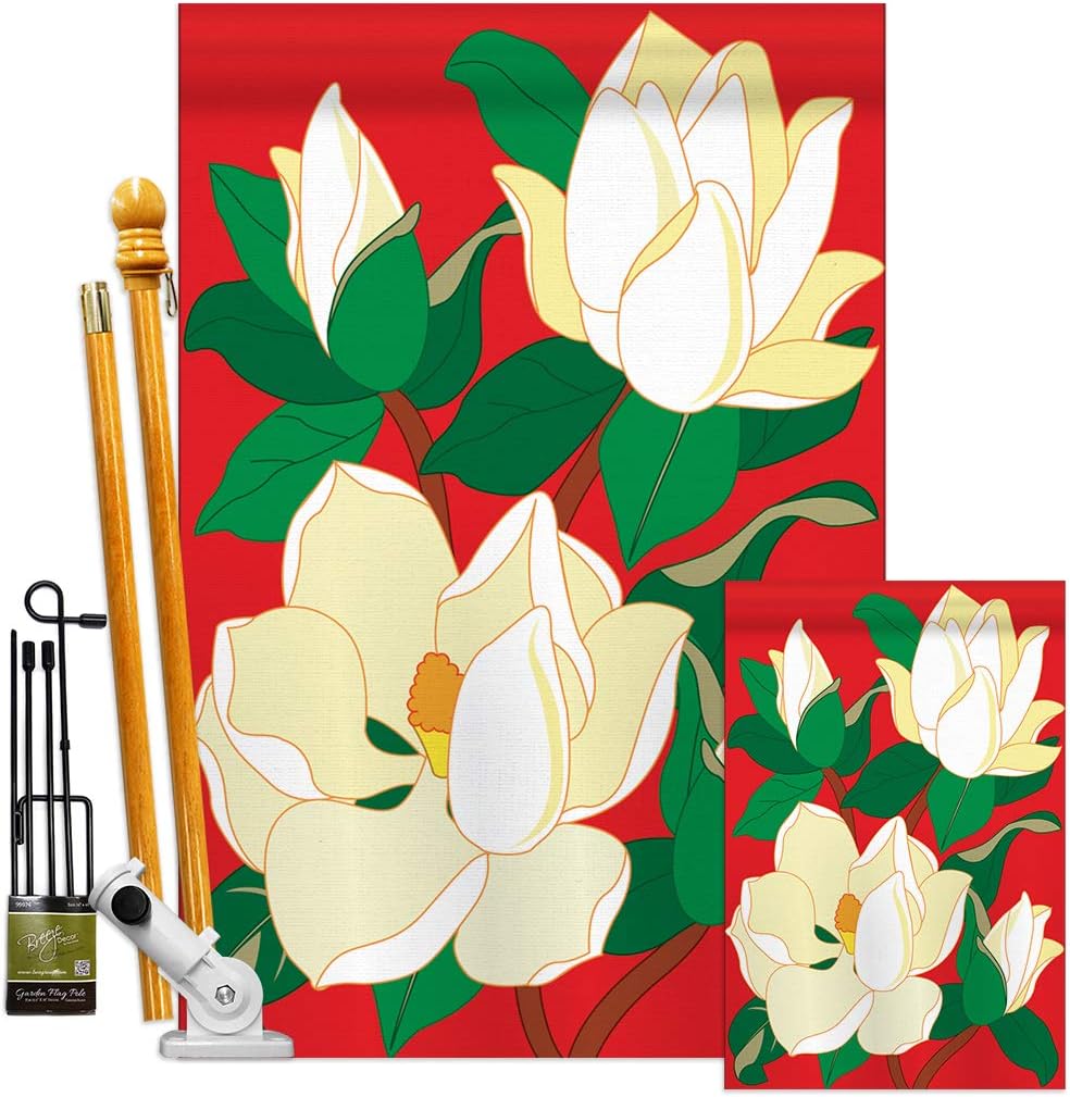 Two Group FK104041-P2 Magnolia Spring Floral Applique Decorative Vertical House 28" x 44" Garden 13" 18.5" Double Sided Flags Kit w/Banner Pole