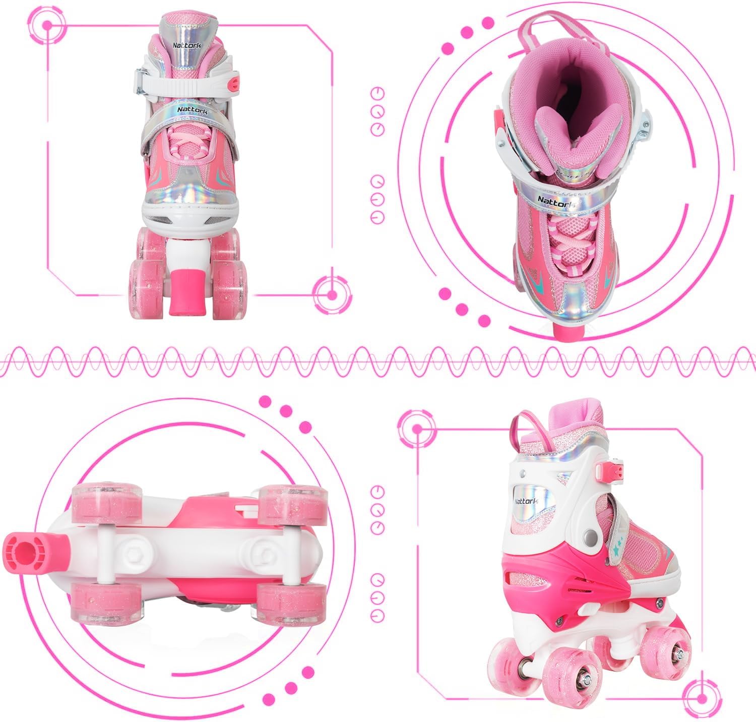 Nattork Kids Roller Skates for Boys Girls Kids, 4 Sizes Adjustable Quad Skates with All Light up Wheels - Birthday Gift for Indoor Outdoor Sports