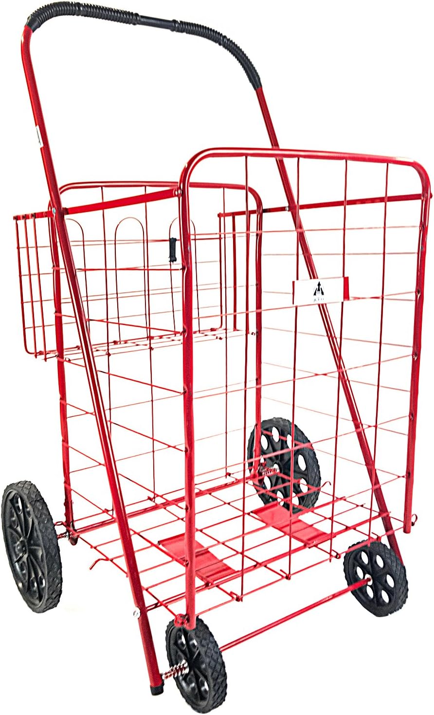ATH Large Deluxe Rolling Utility / Shopping Cart - Stowable Folding Heavy Duty Cart with Rubber Wheels For Haul Laundry, Groceries, Toys, Sports Equipment, Red
